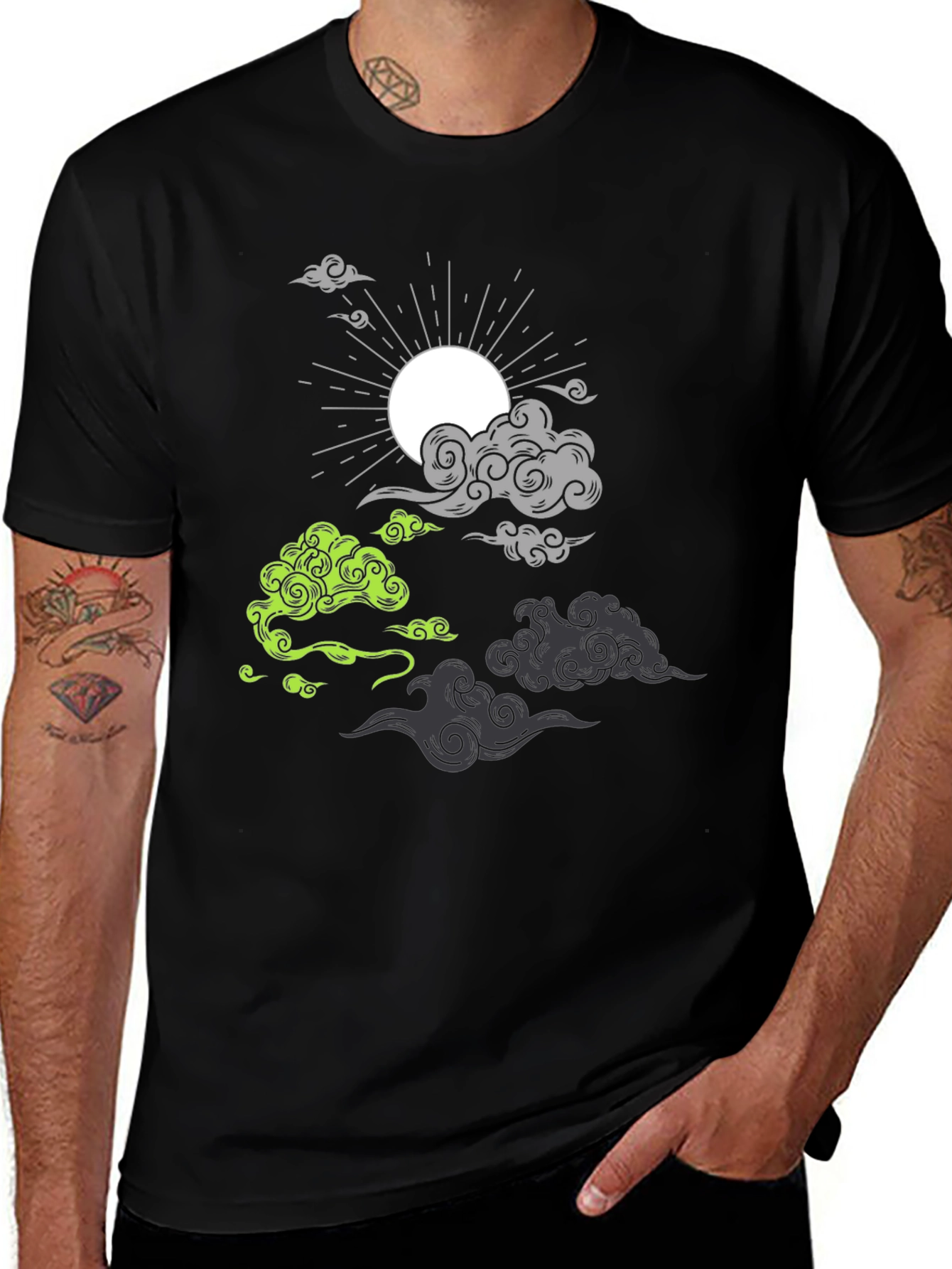 Black T-Shirt with Cloud and Sun Graphic