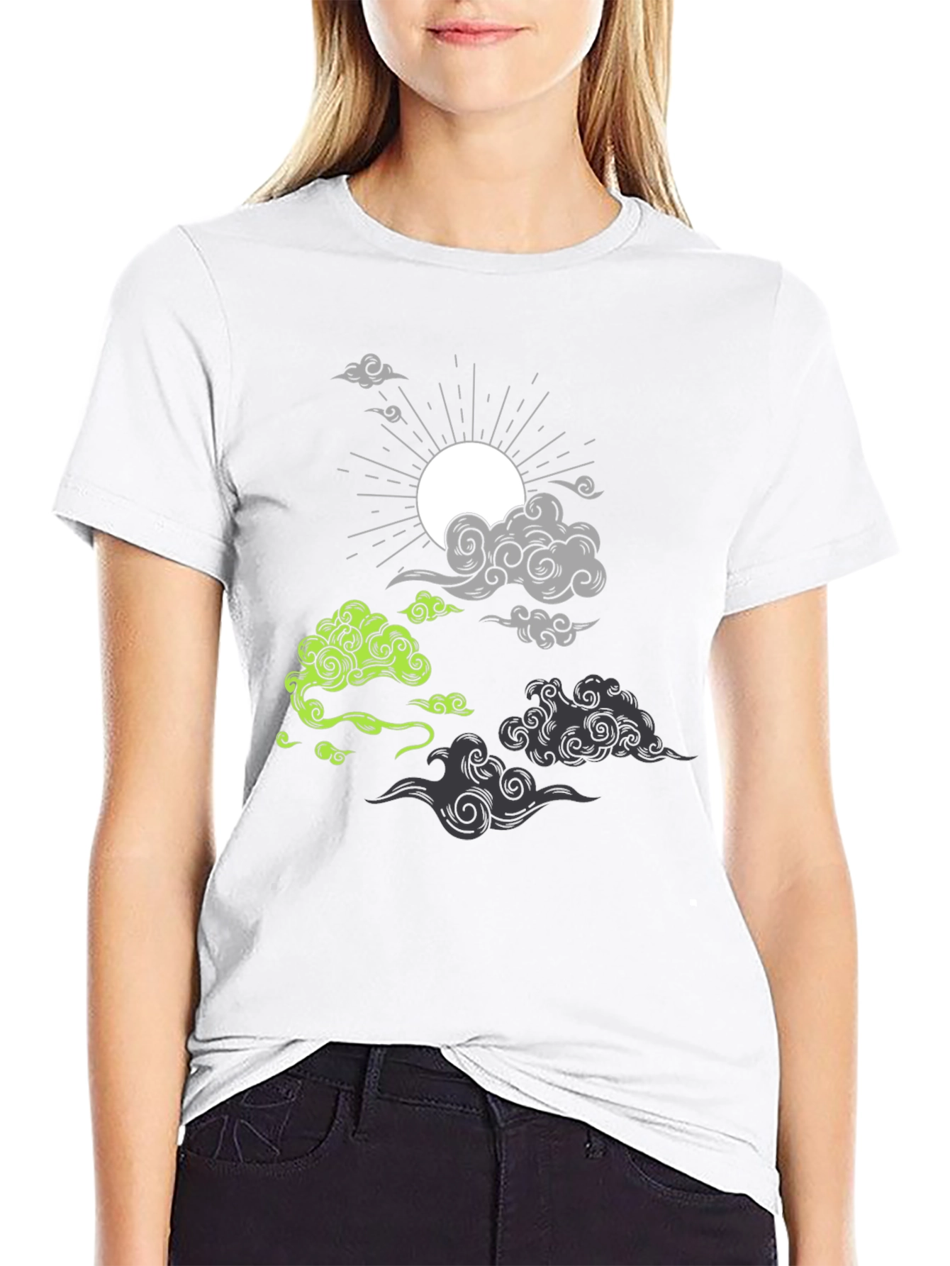 Black T-Shirt with Cloud and Sun Graphic
