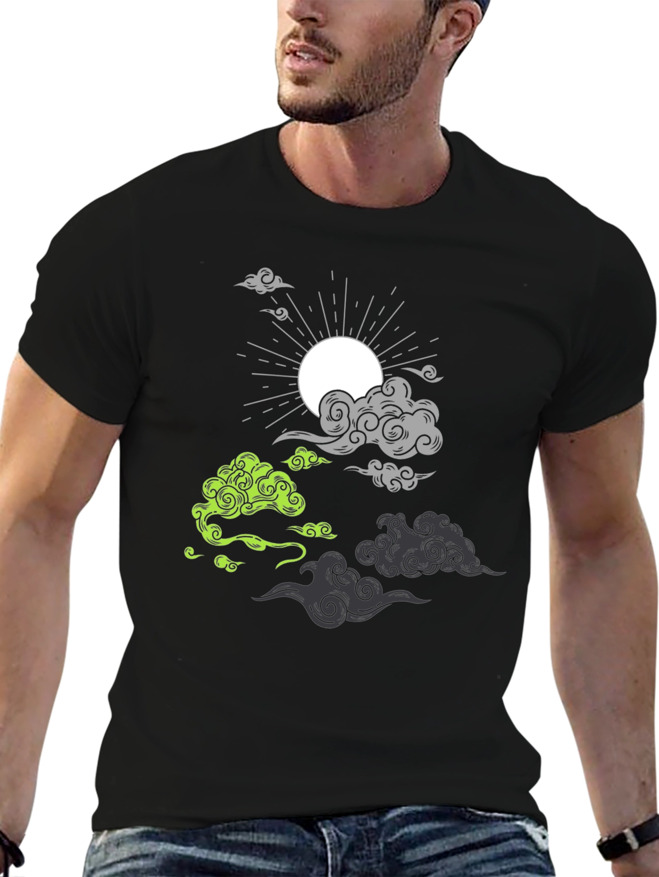 Black T-Shirt with Cloud and Sun Graphic
