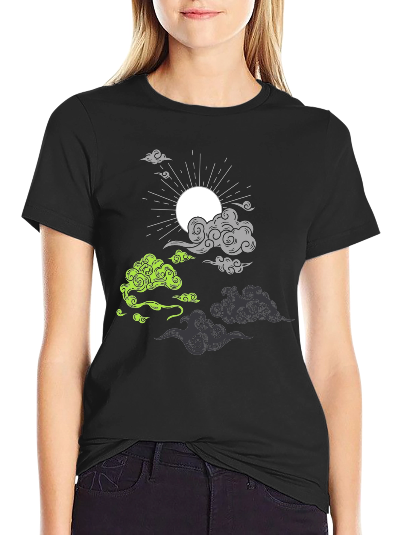 Black T-Shirt with Cloud and Sun Graphic