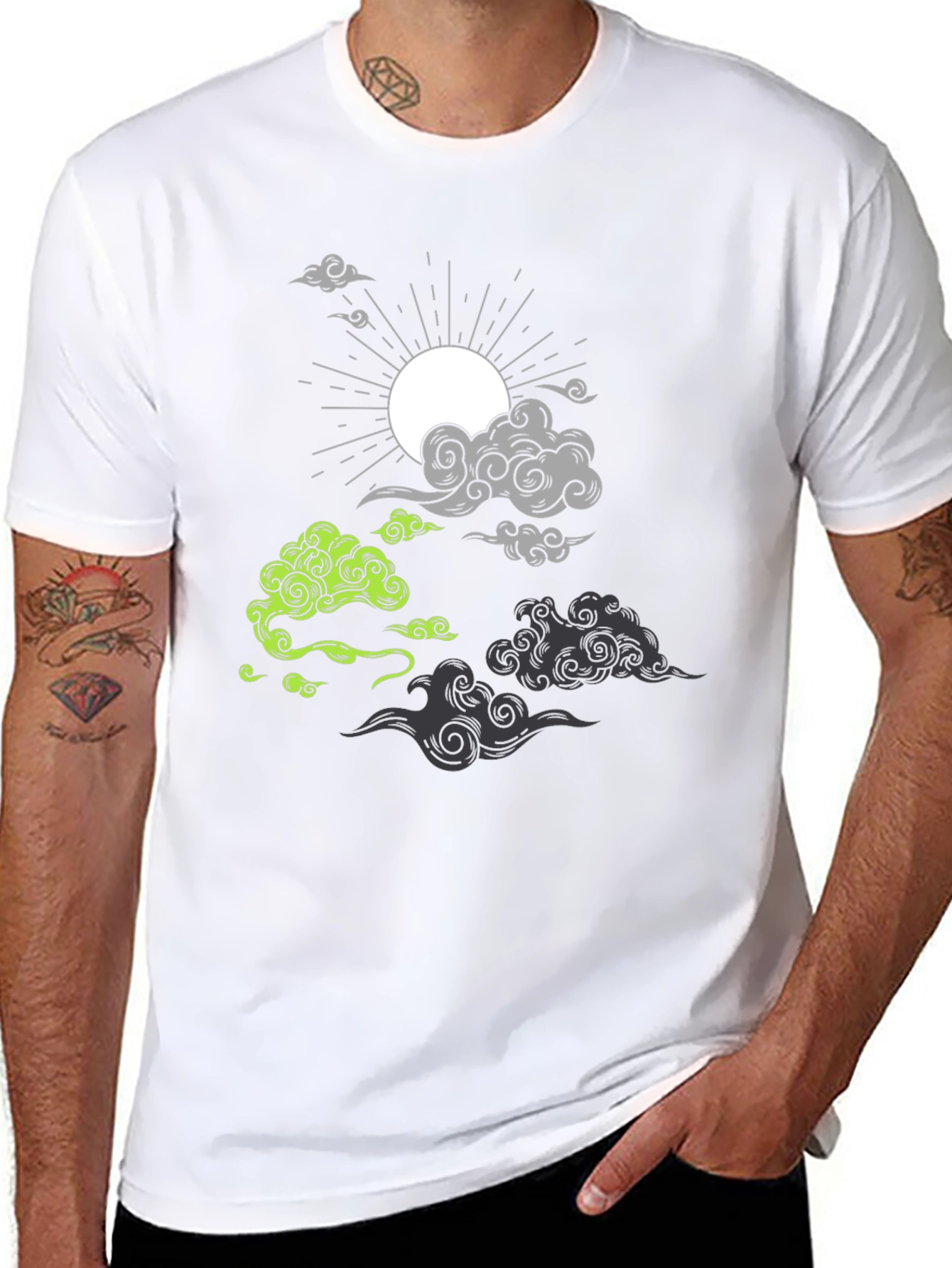 Black T-Shirt with Cloud and Sun Graphic