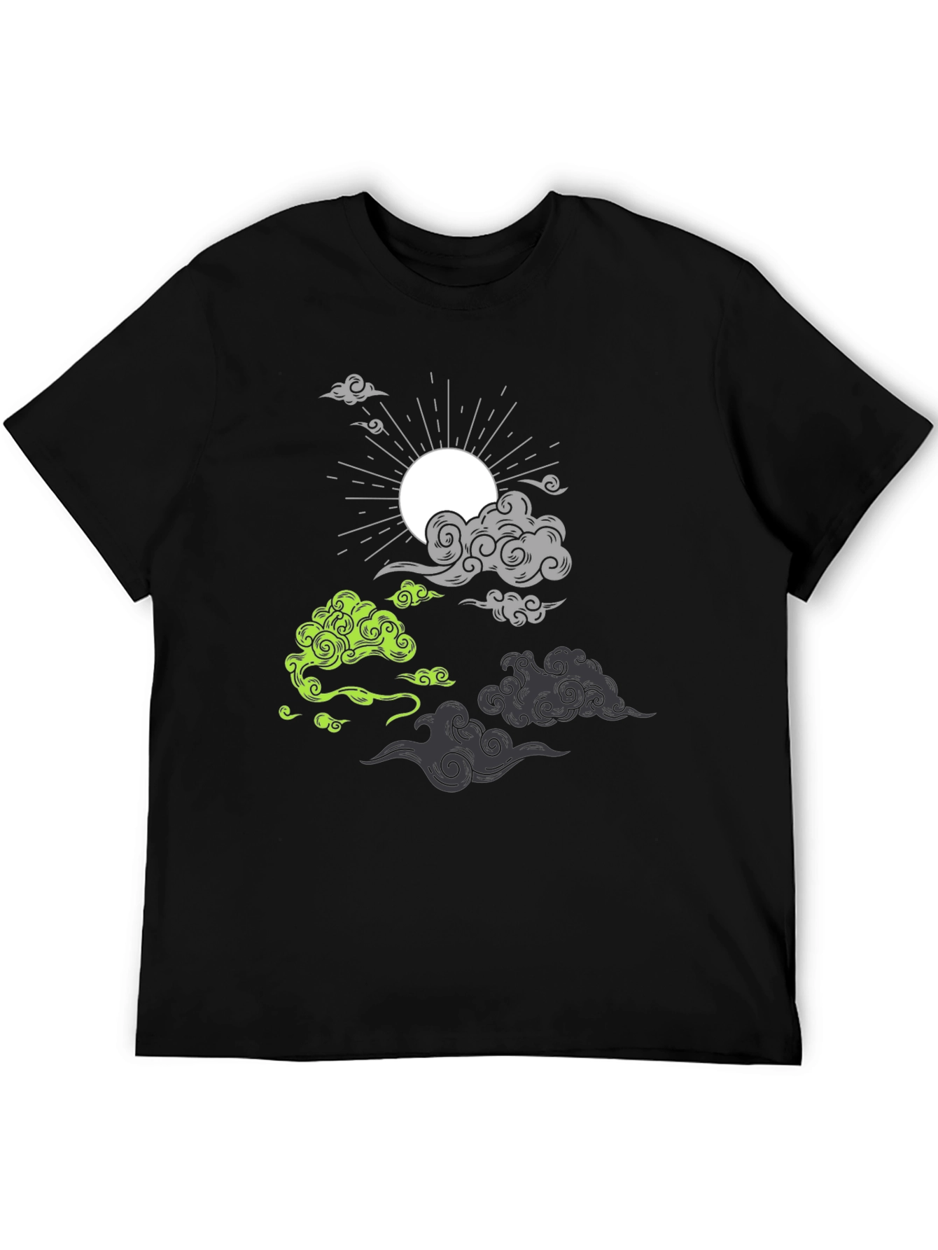 Black T-Shirt with Cloud and Sun Graphic