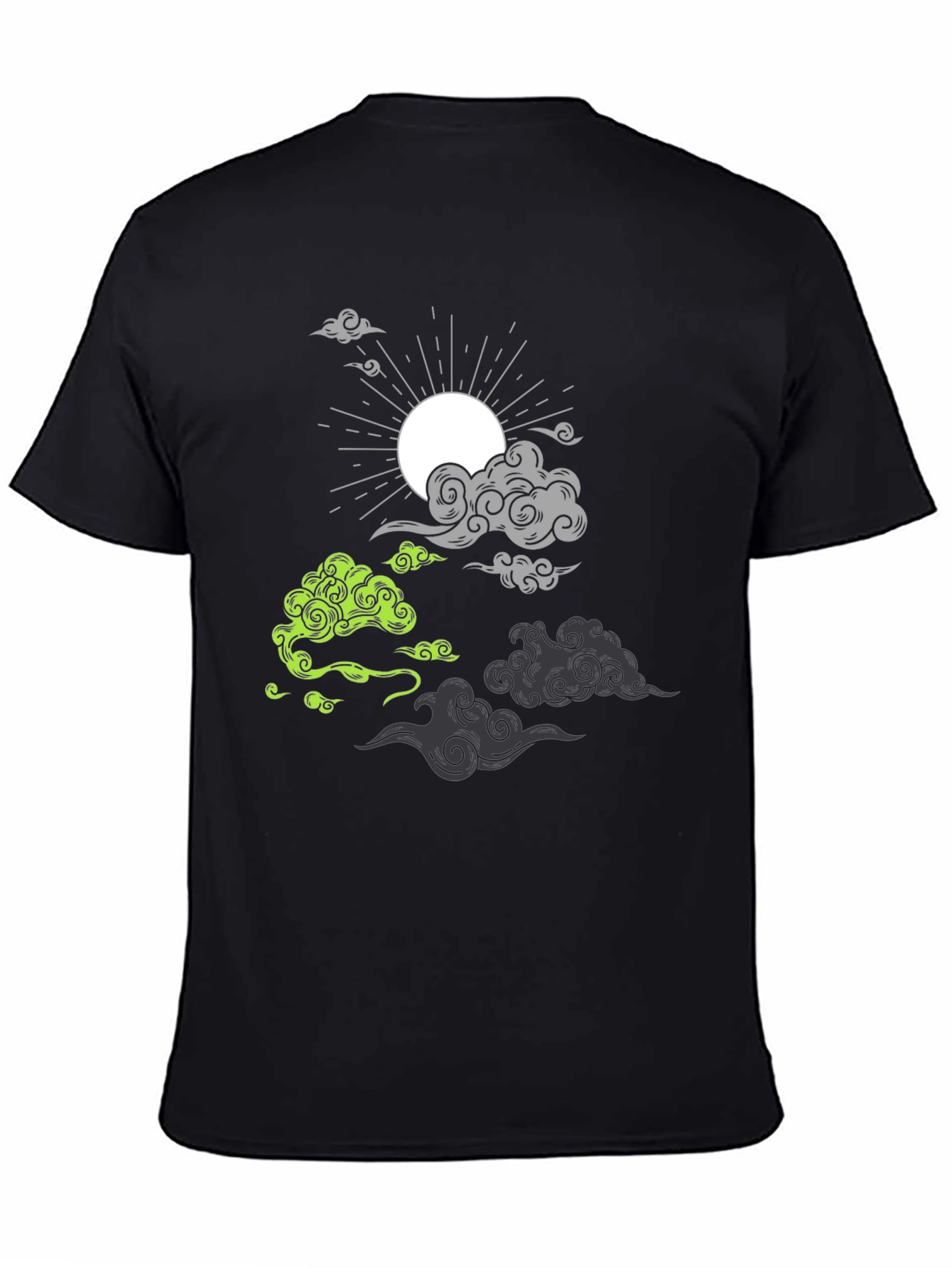 Black T-Shirt with Cloud and Sun Graphic