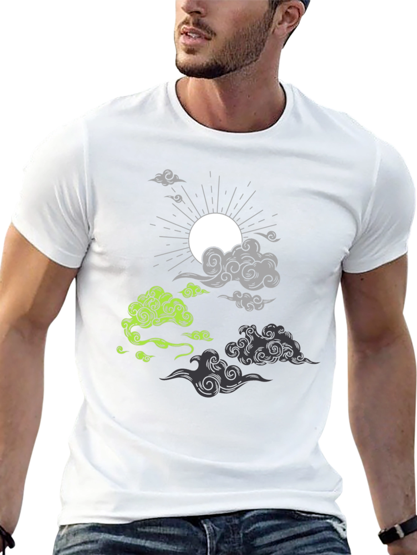Black T-Shirt with Cloud and Sun Graphic