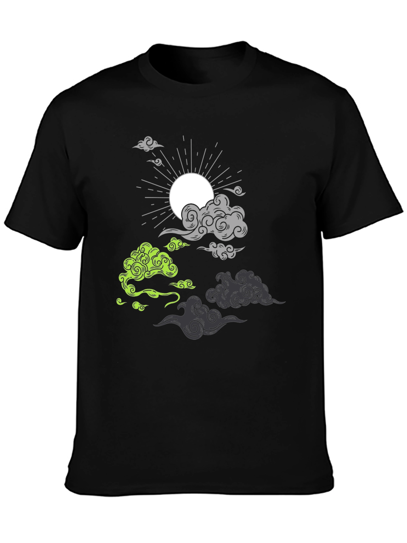 Black T-Shirt with Cloud and Sun Graphic