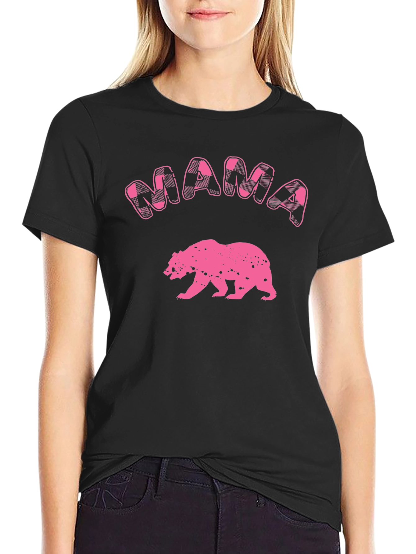 Mama Bear T-Shirt - Pink Plaid Graphic Tee