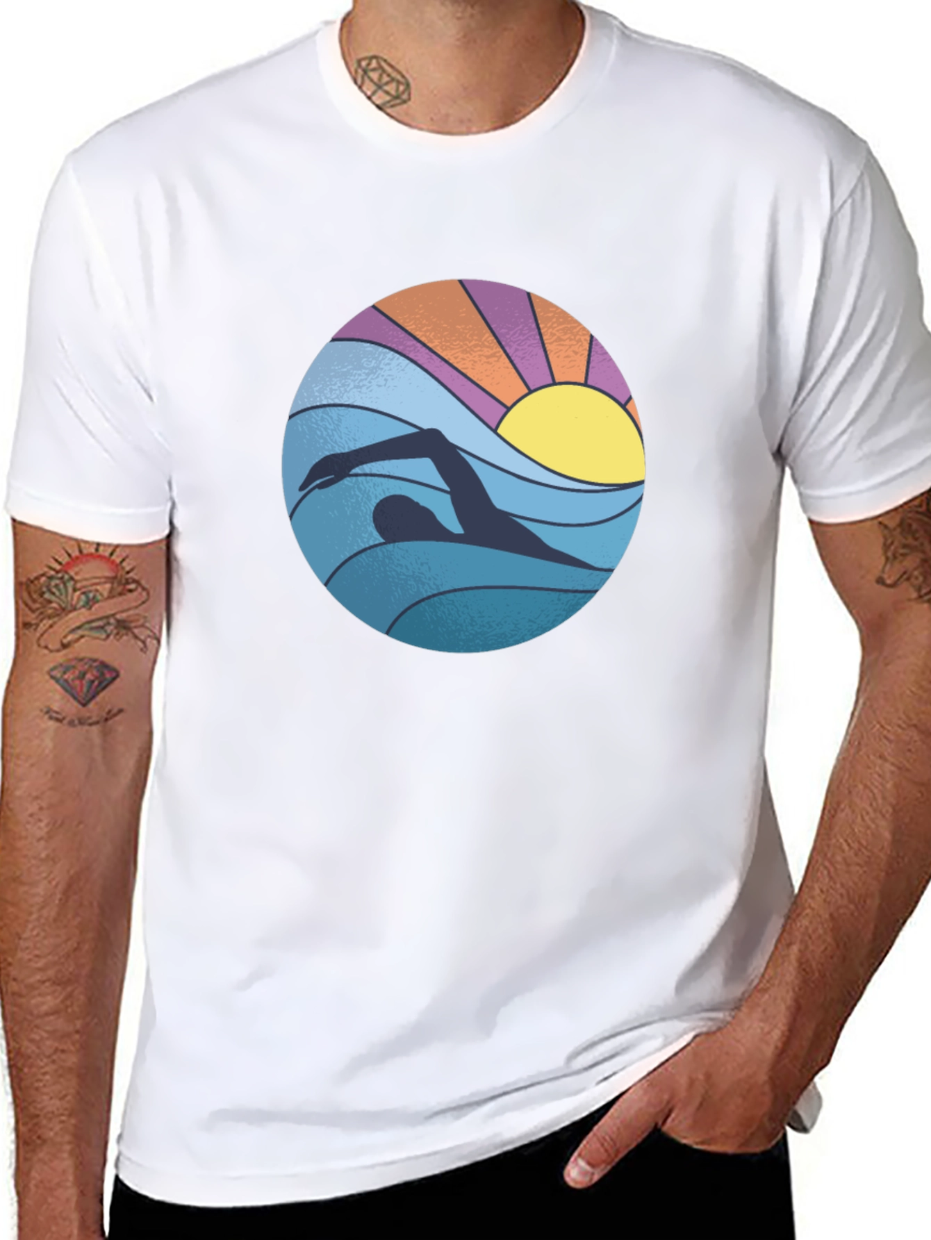Retro Swimmer Graphic Tee - Black Cotton Blend