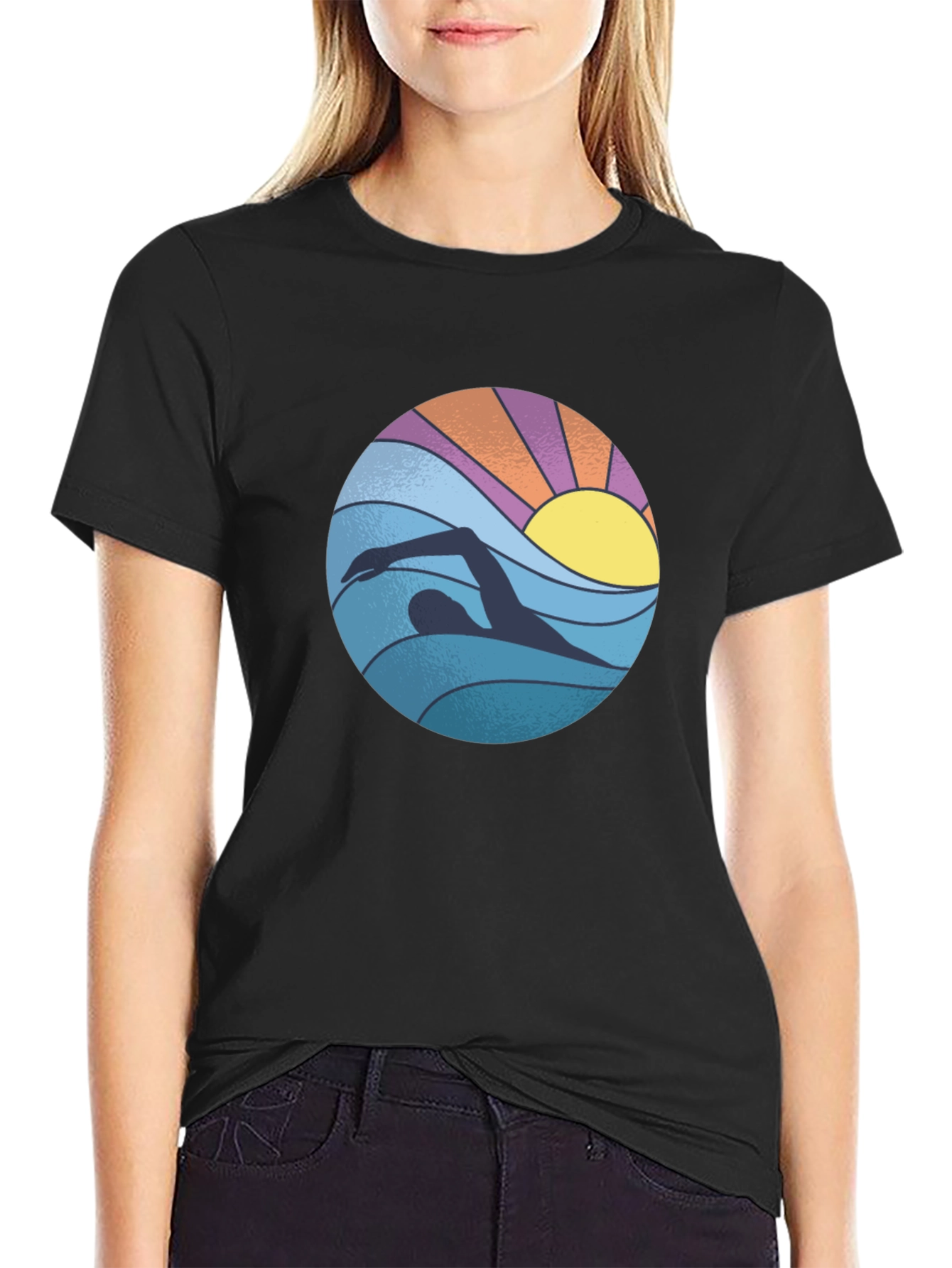 Retro Swimmer Graphic Tee - Black Cotton Blend