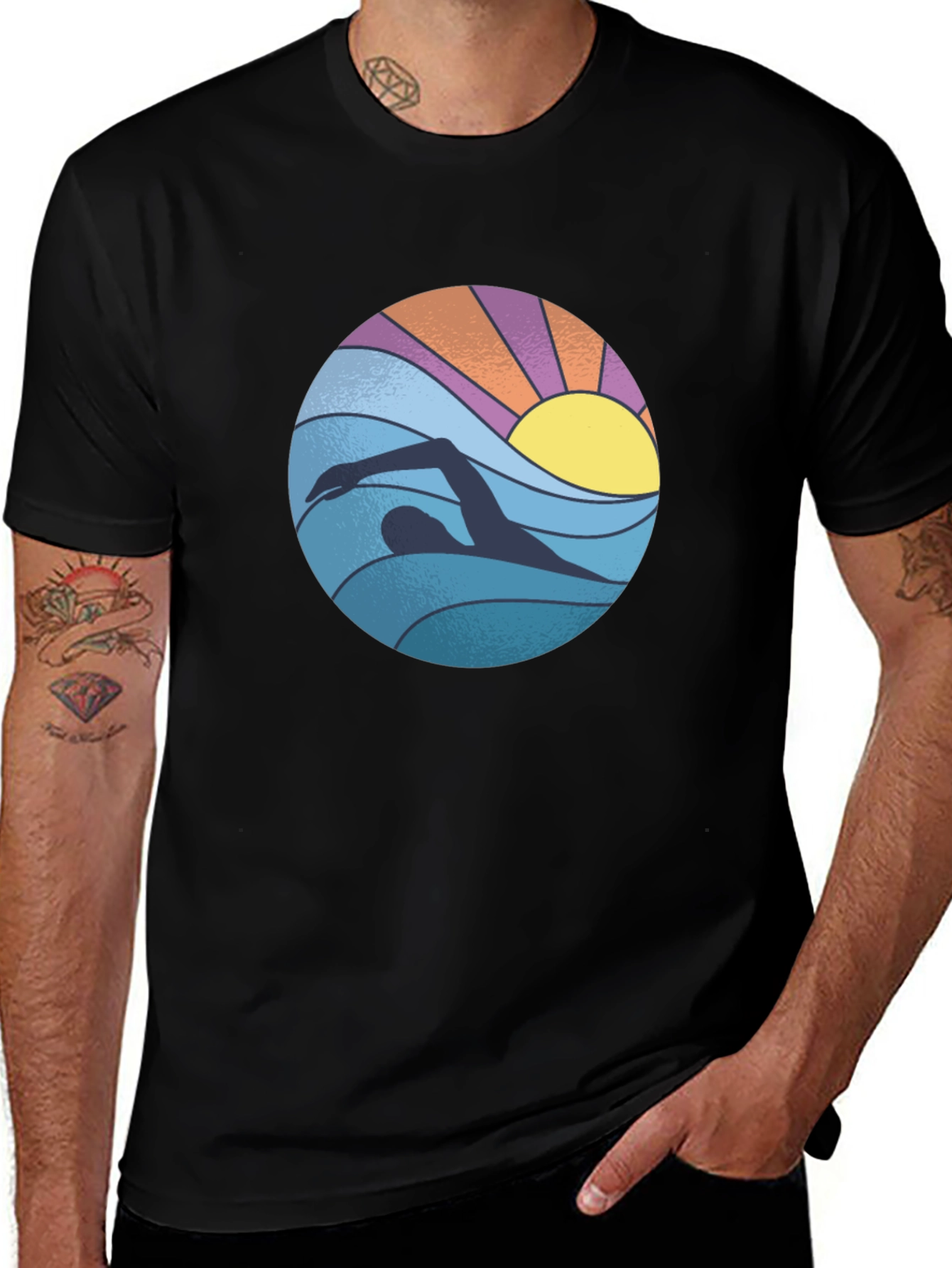 Retro Swimmer Graphic Tee - Black Cotton Blend