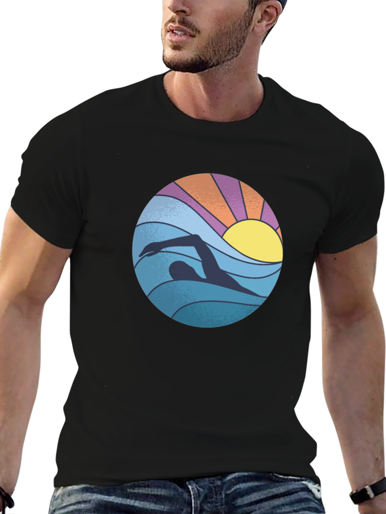 Retro Swimmer Graphic Tee - Black Cotton Blend