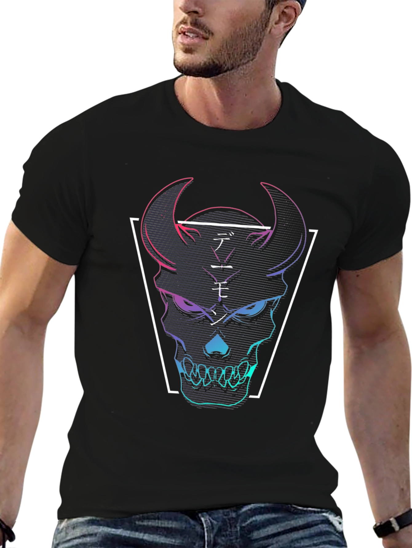 Neon Demon Skull Graphic Tee - Black Cotton T-Shirt