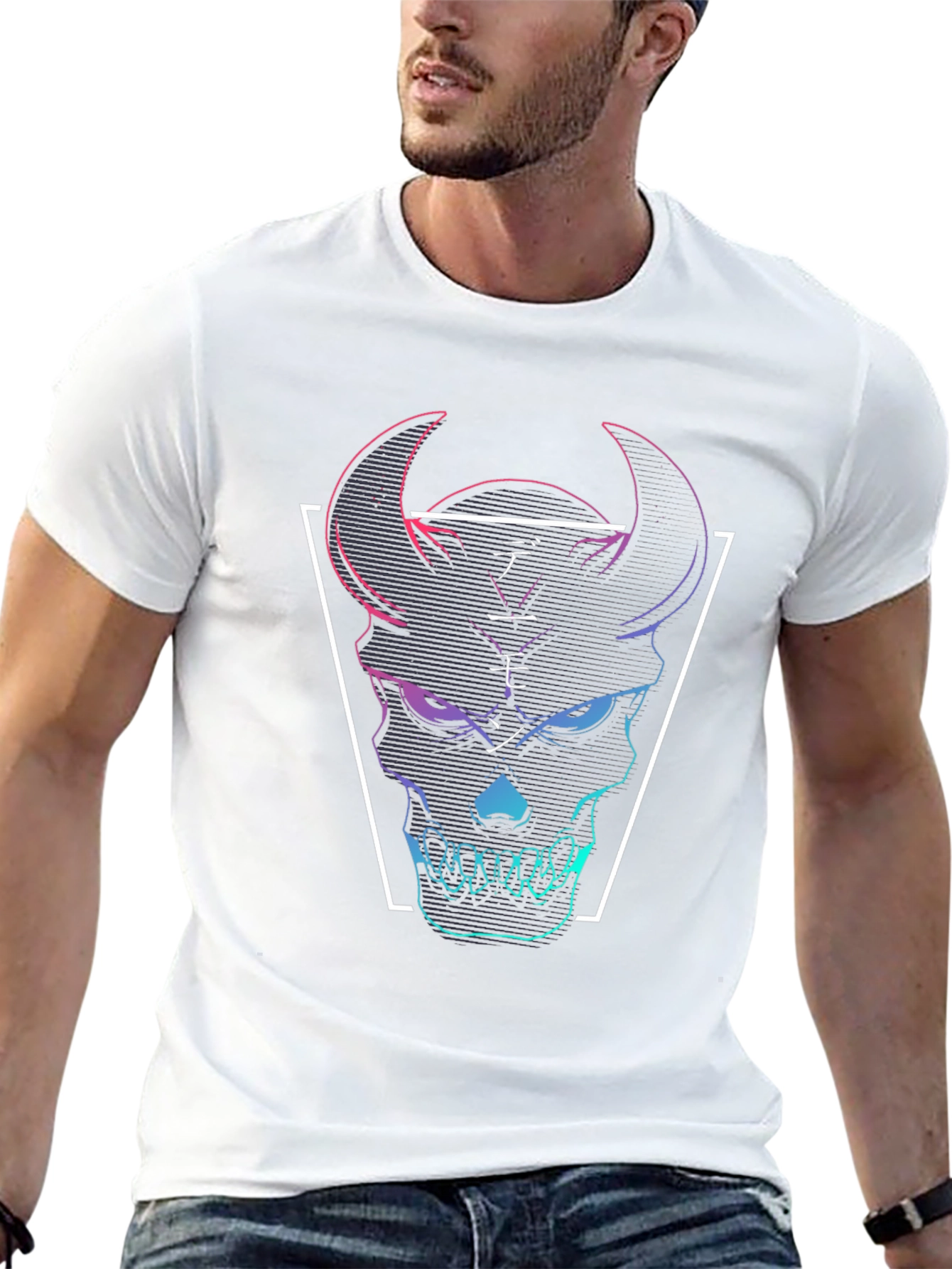 Neon Demon Skull Graphic Tee - Black Cotton T-Shirt