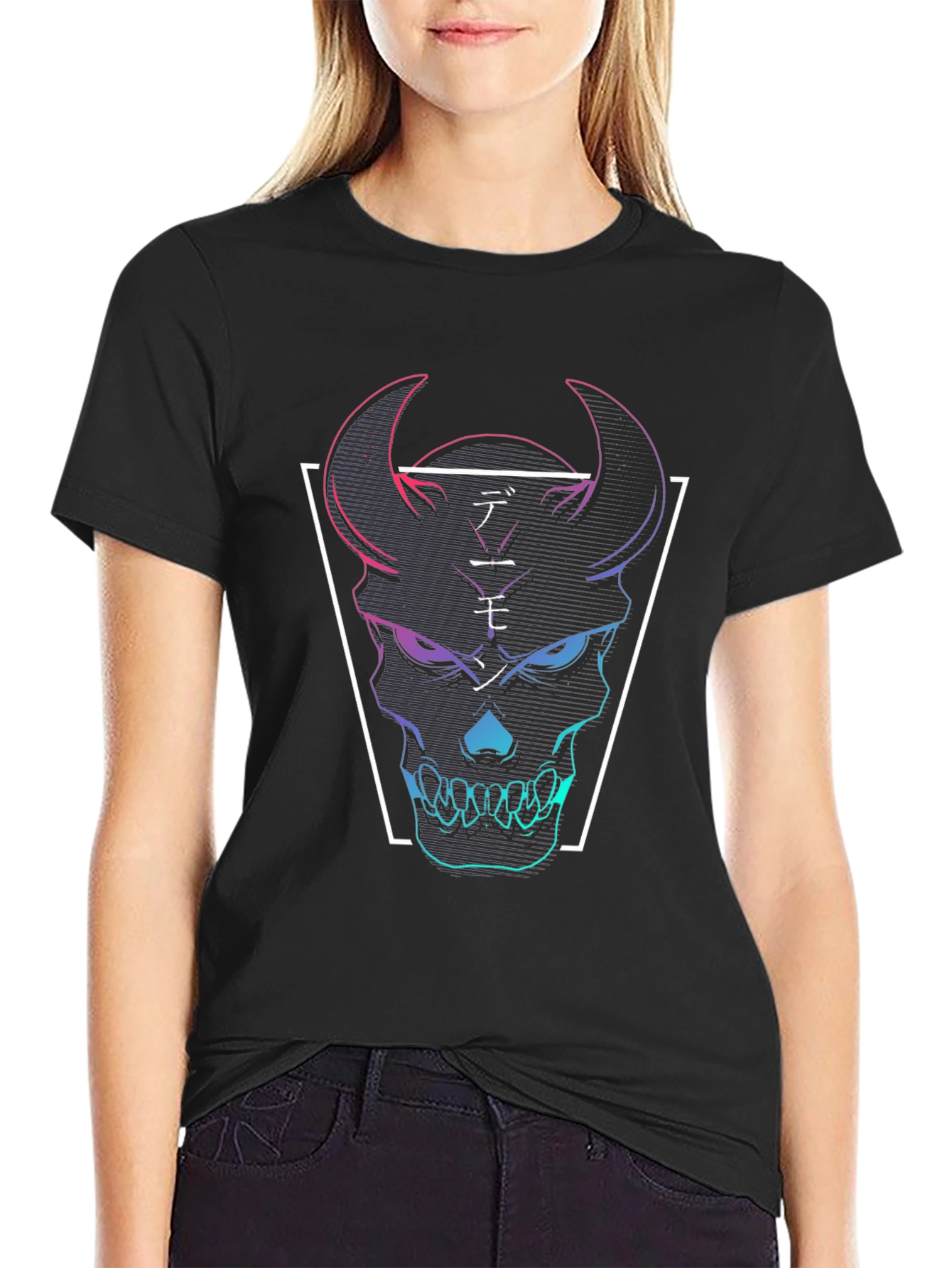 Neon Demon Skull Graphic Tee - Black Cotton T-Shirt