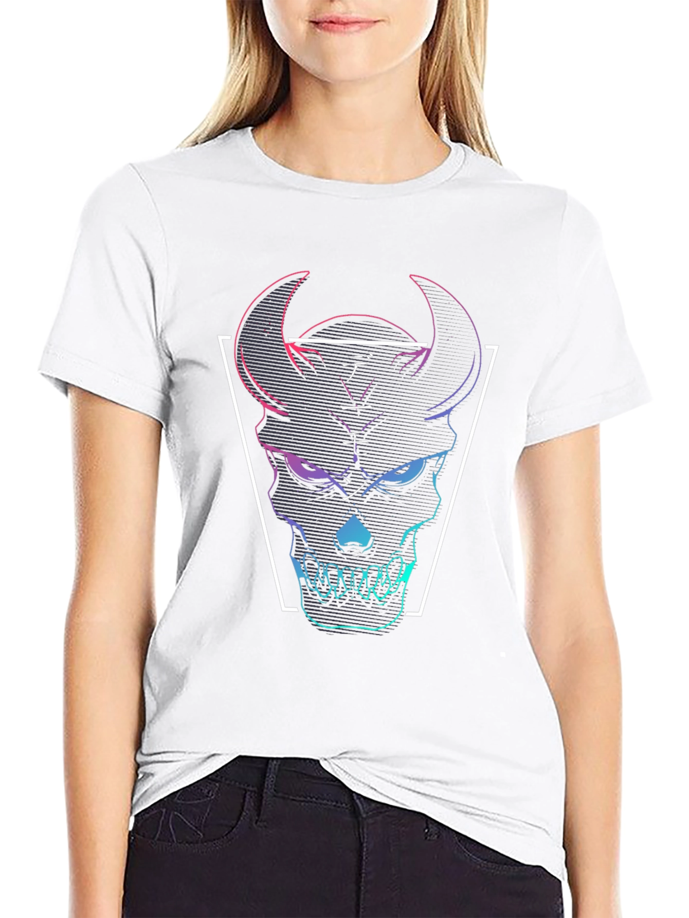 Neon Demon Skull Graphic Tee - Black Cotton T-Shirt