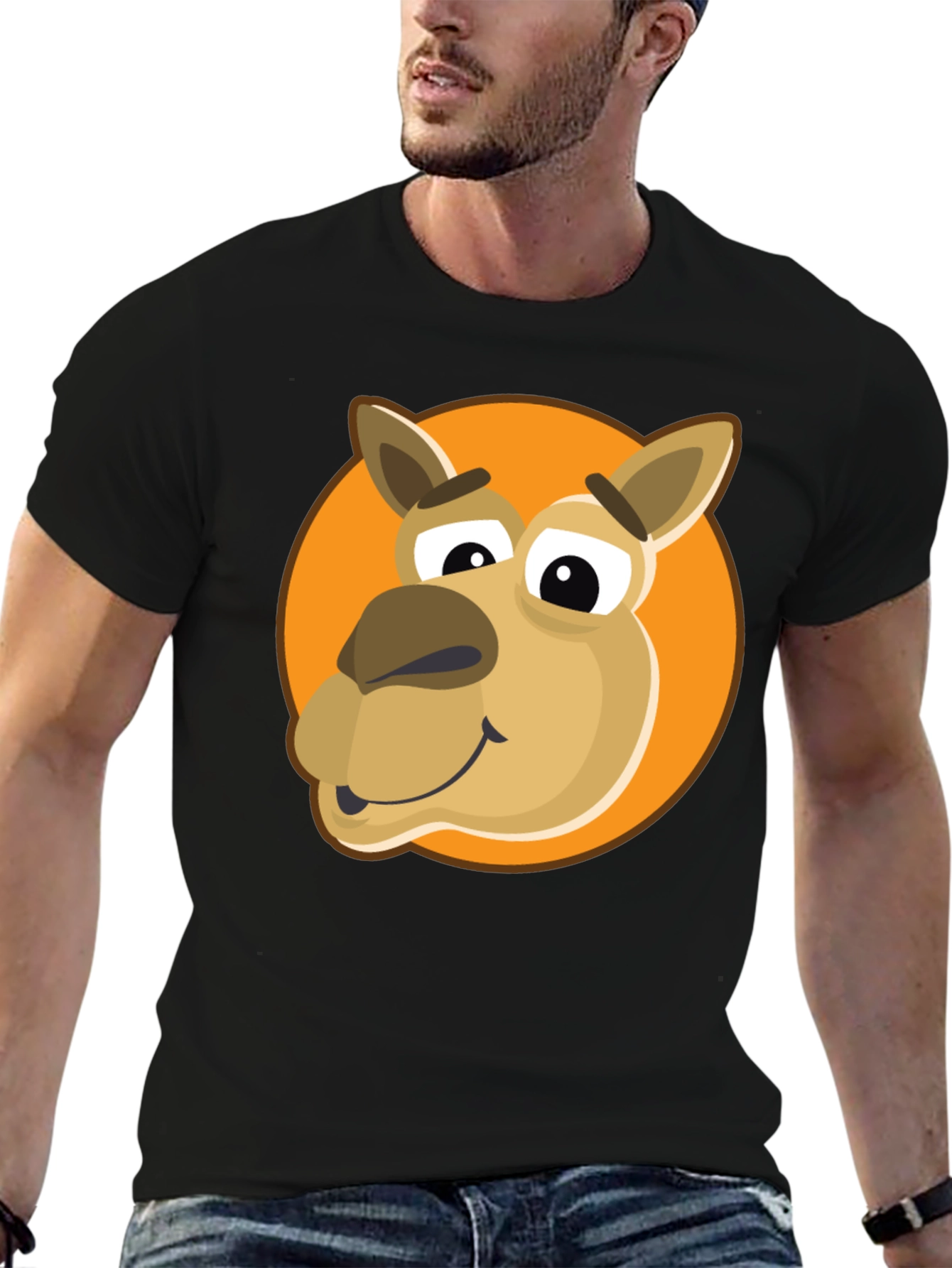 Cartoon Camel Graphic Tee - Black Cotton Blend