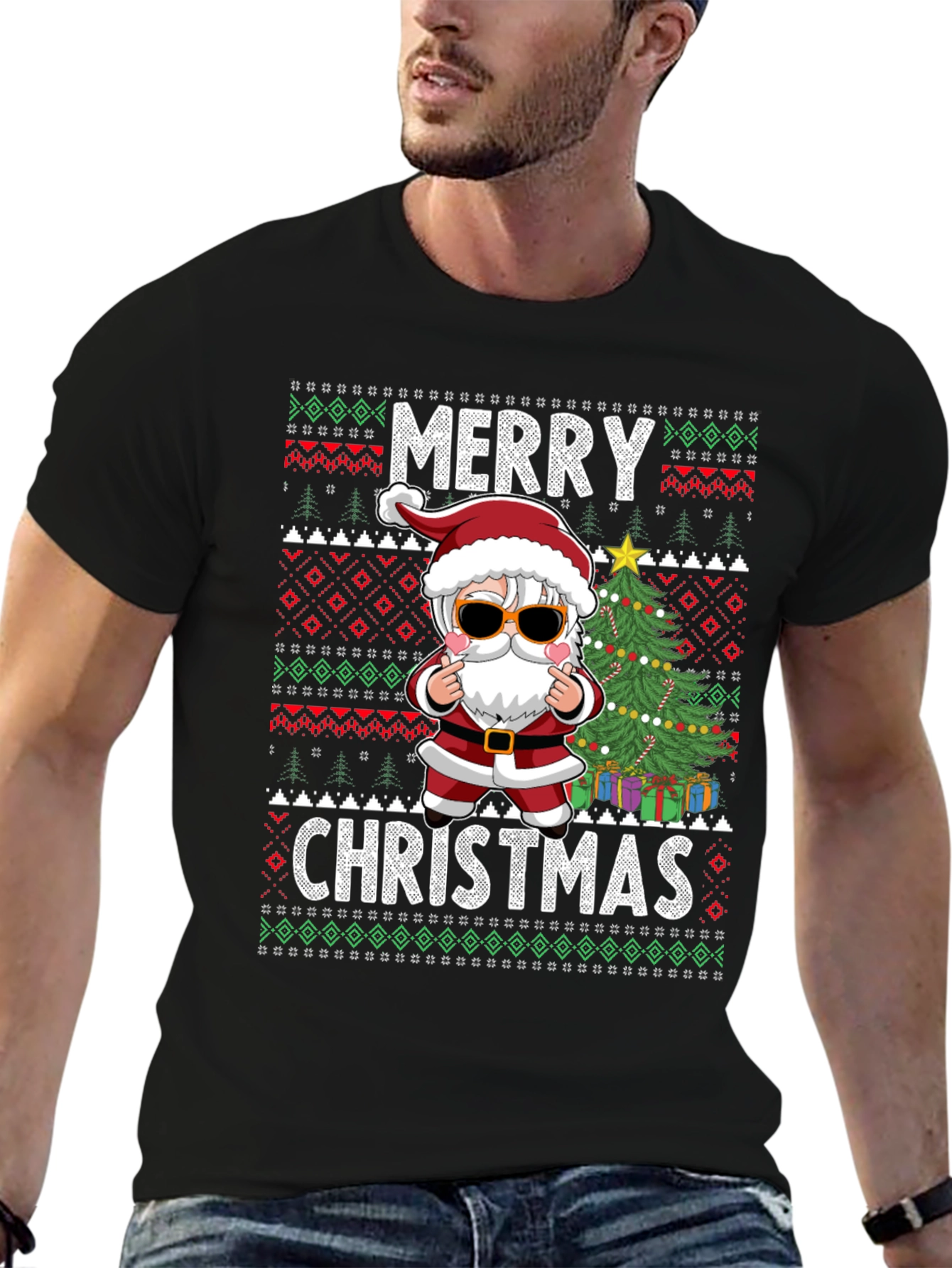 Merry Christmas Santa Graphic Tee Holiday Gift