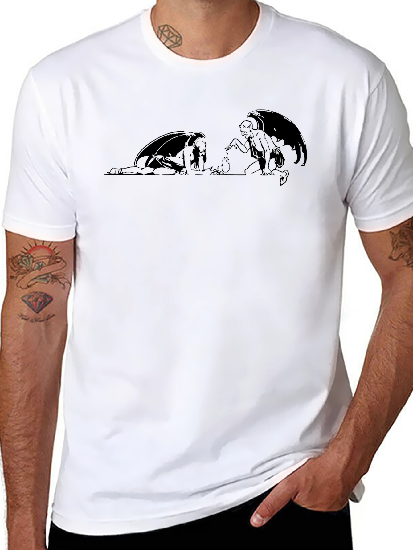 Black Graphic T-Shirt with Winged Figure Design