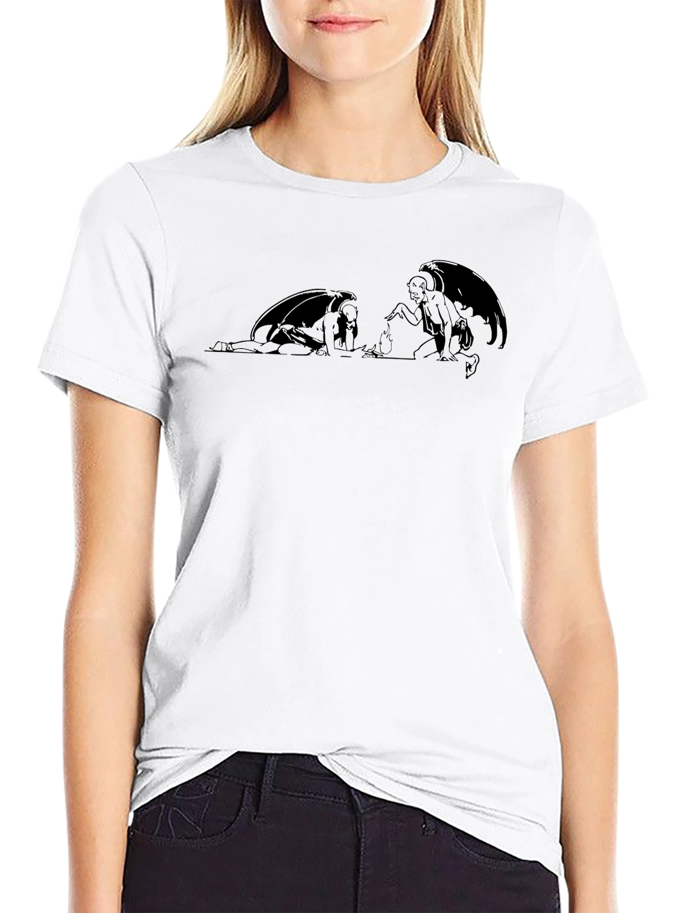 Black Graphic T-Shirt with Winged Figure Design