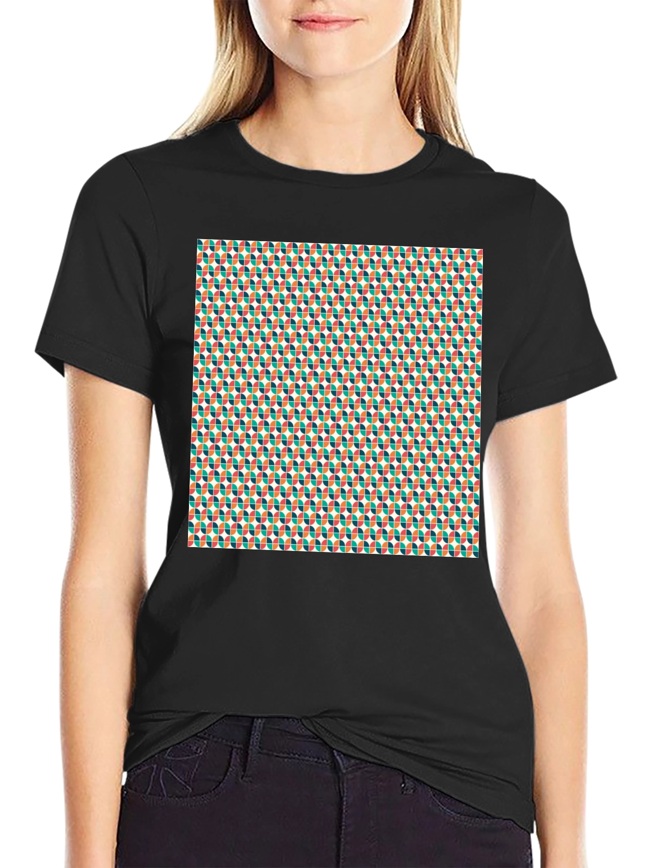 Retro Pattern Black Crew Neck Tee