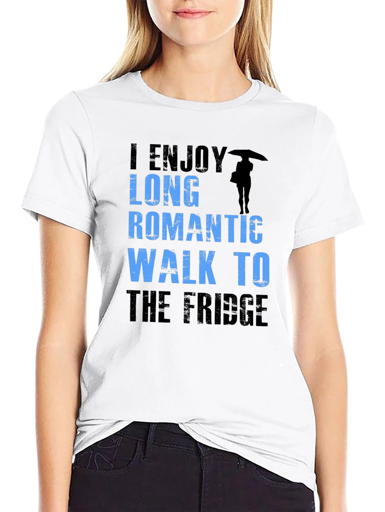 Funny Slogan T-Shirt: Long Romantic Walk to the Fridge