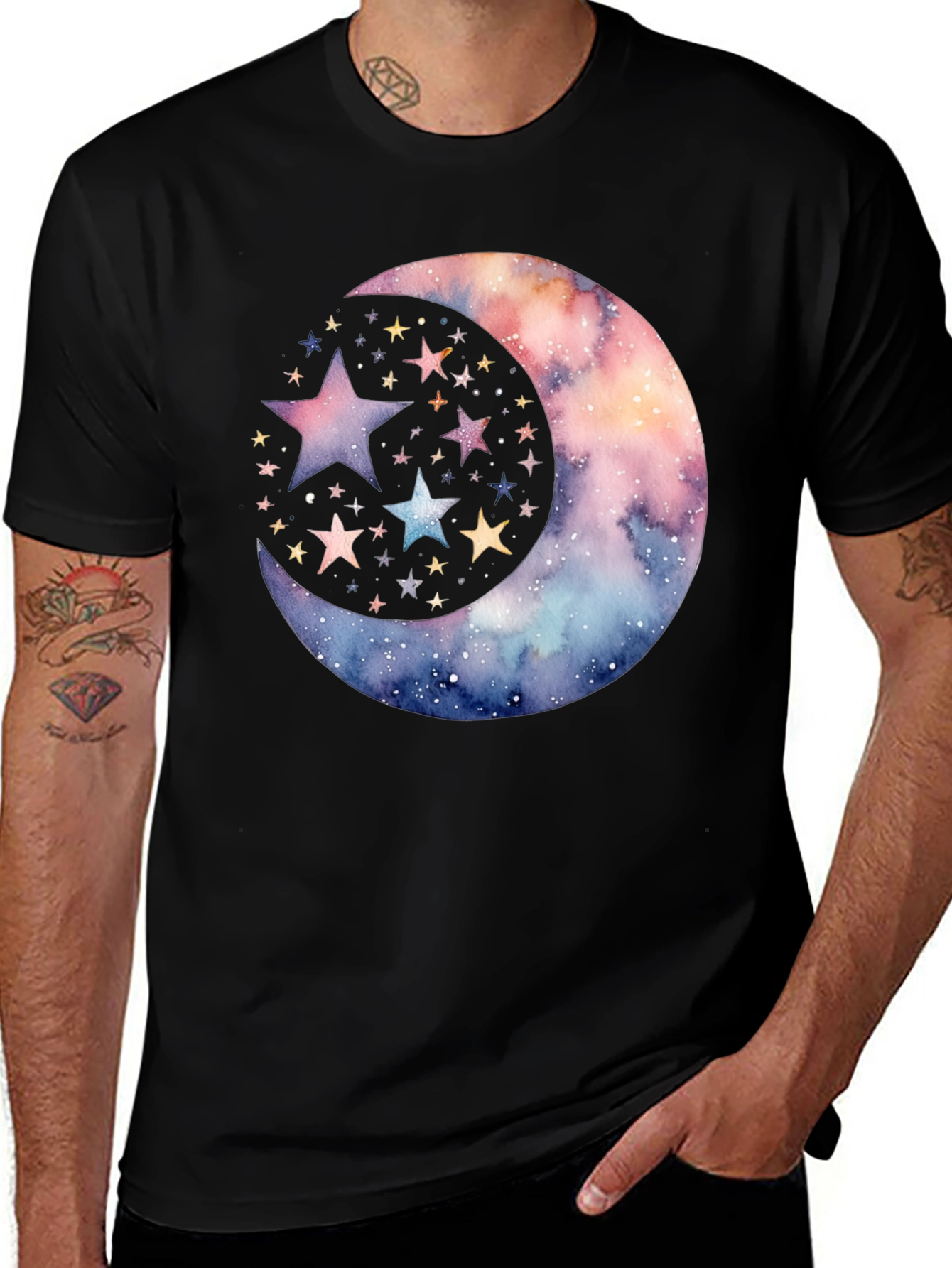 Cosmic Crescent Moon Star Graphic Tee