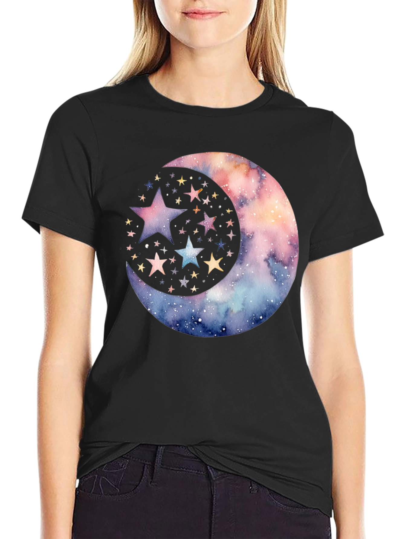 Cosmic Crescent Moon Star Graphic Tee