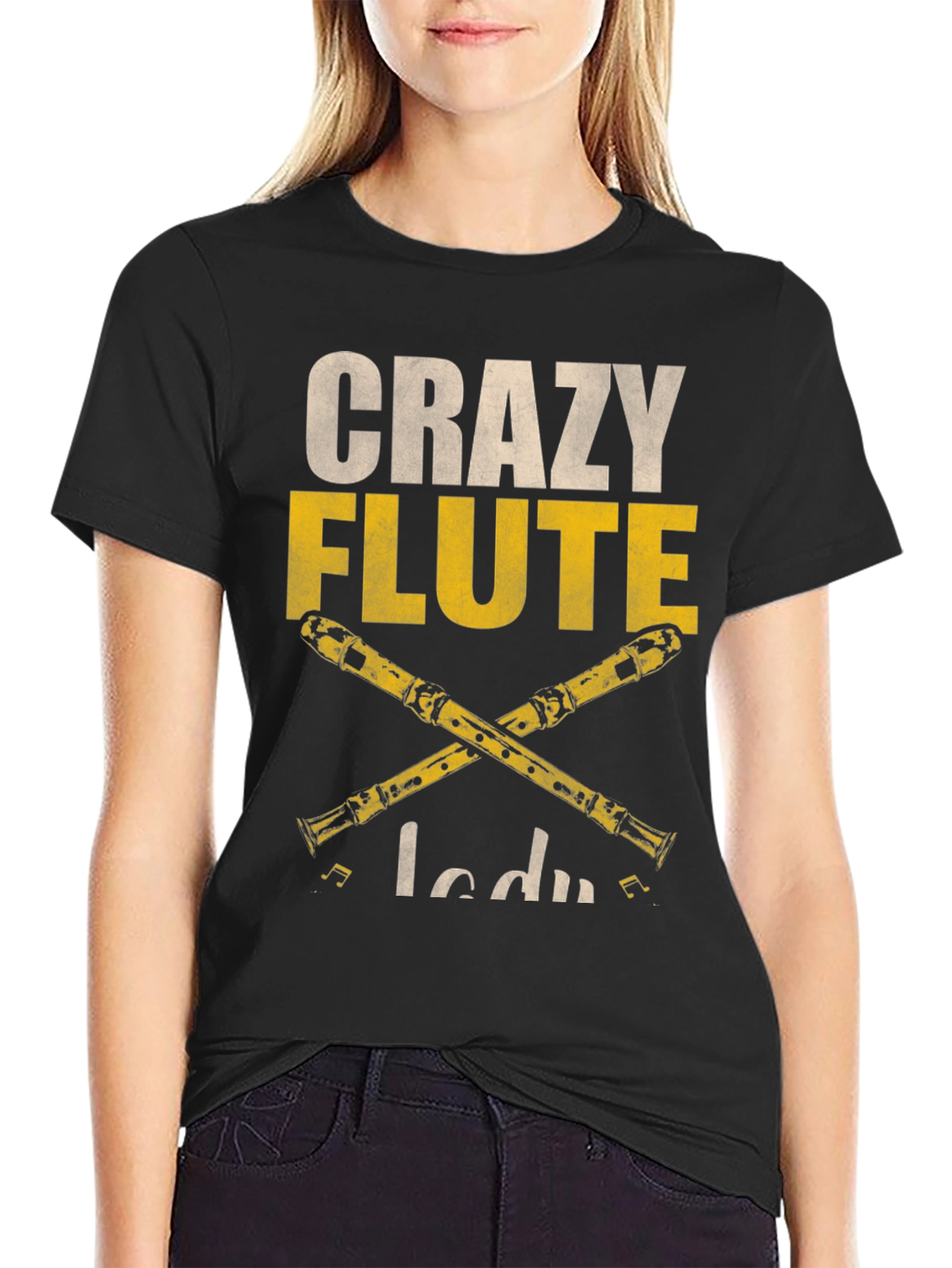 Crazy Flute Lady Graphic T-Shirt - Music Lover Tee