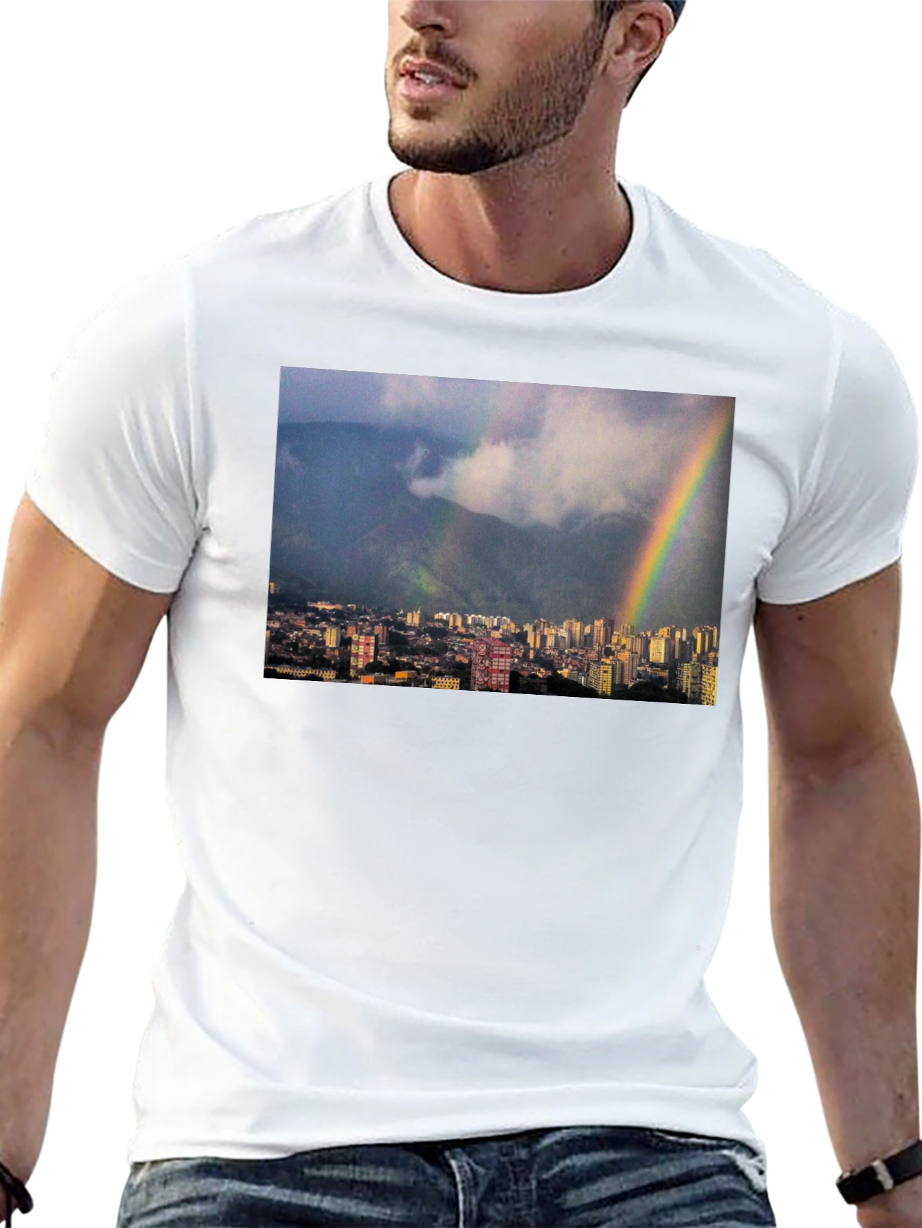 Rainbow Cityscape Graphic Tee - Black Casual T-Shirt
