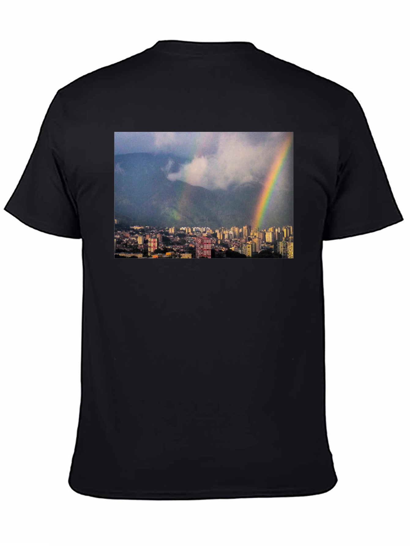 Rainbow Cityscape Graphic Tee - Black Casual T-Shirt