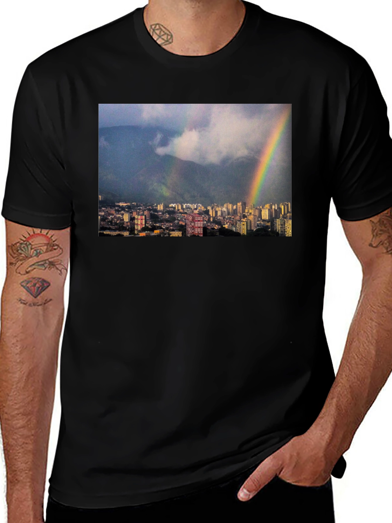 Rainbow Cityscape Graphic Tee - Black Casual T-Shirt