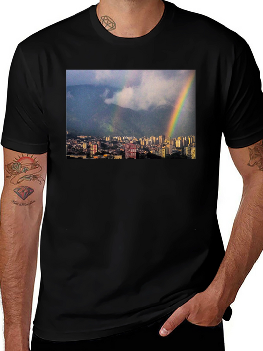 Rainbow Cityscape Graphic Tee - Black Casual T-Shirt