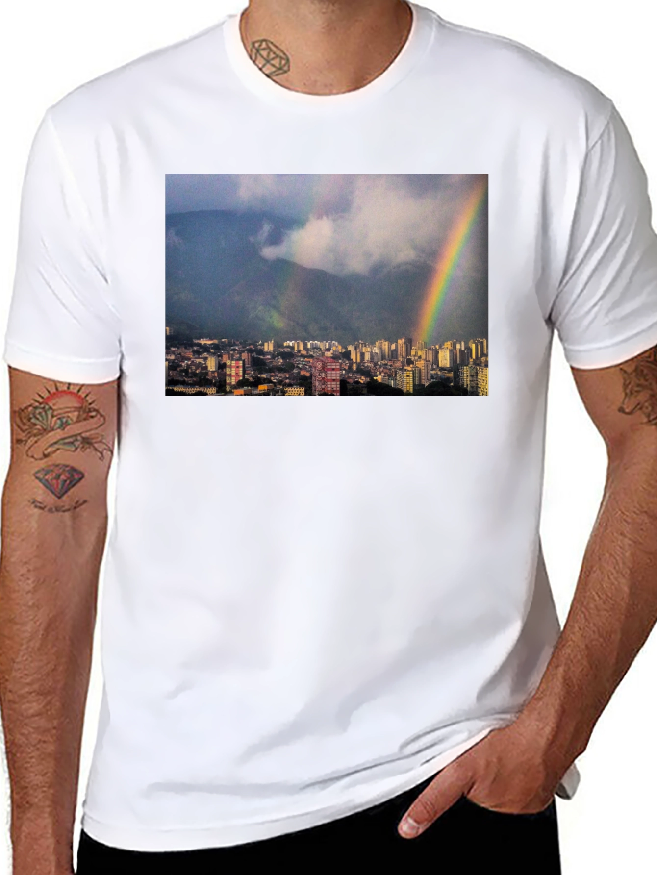 Rainbow Cityscape Graphic Tee - Black Casual T-Shirt