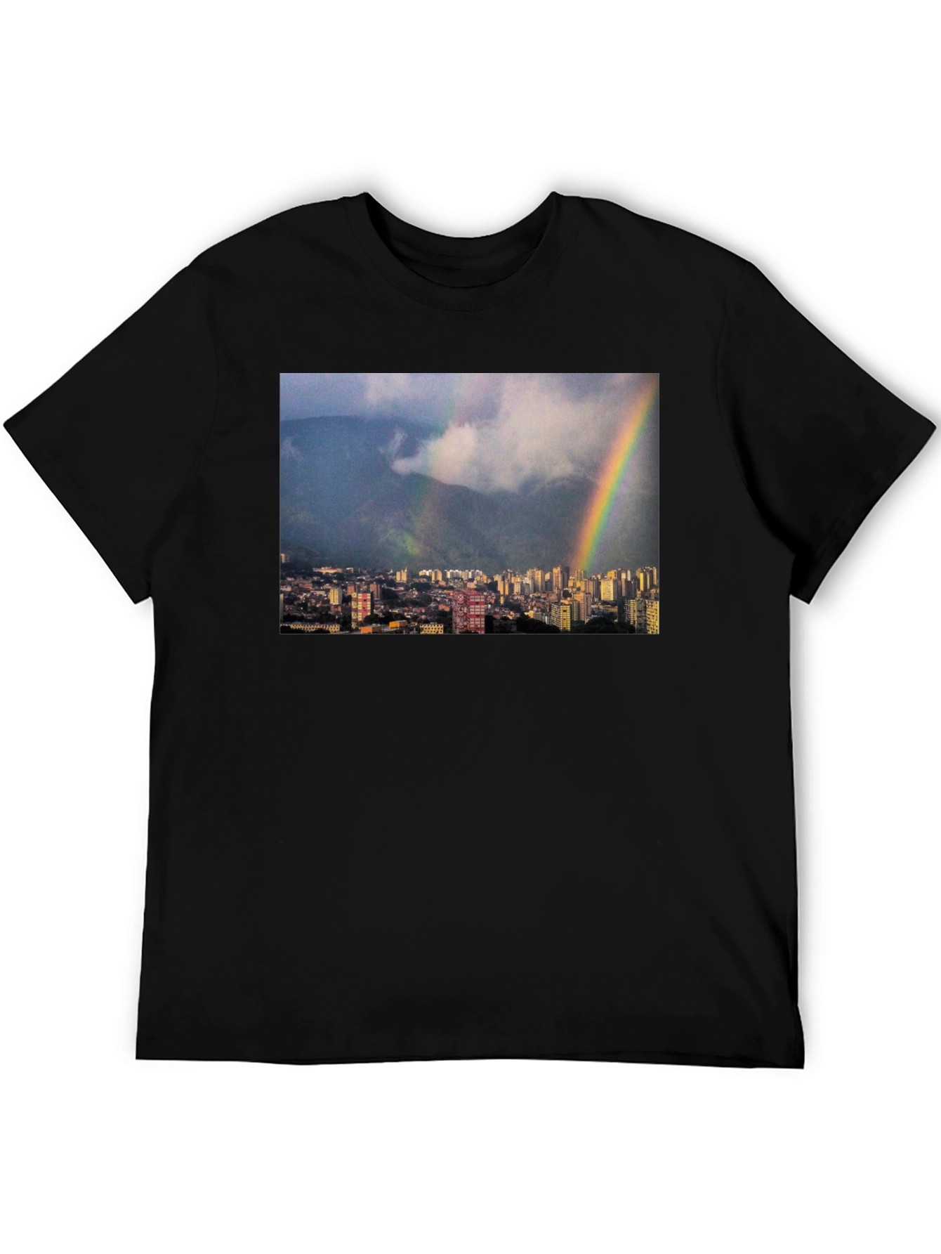 Rainbow Cityscape Graphic Tee - Black Casual T-Shirt