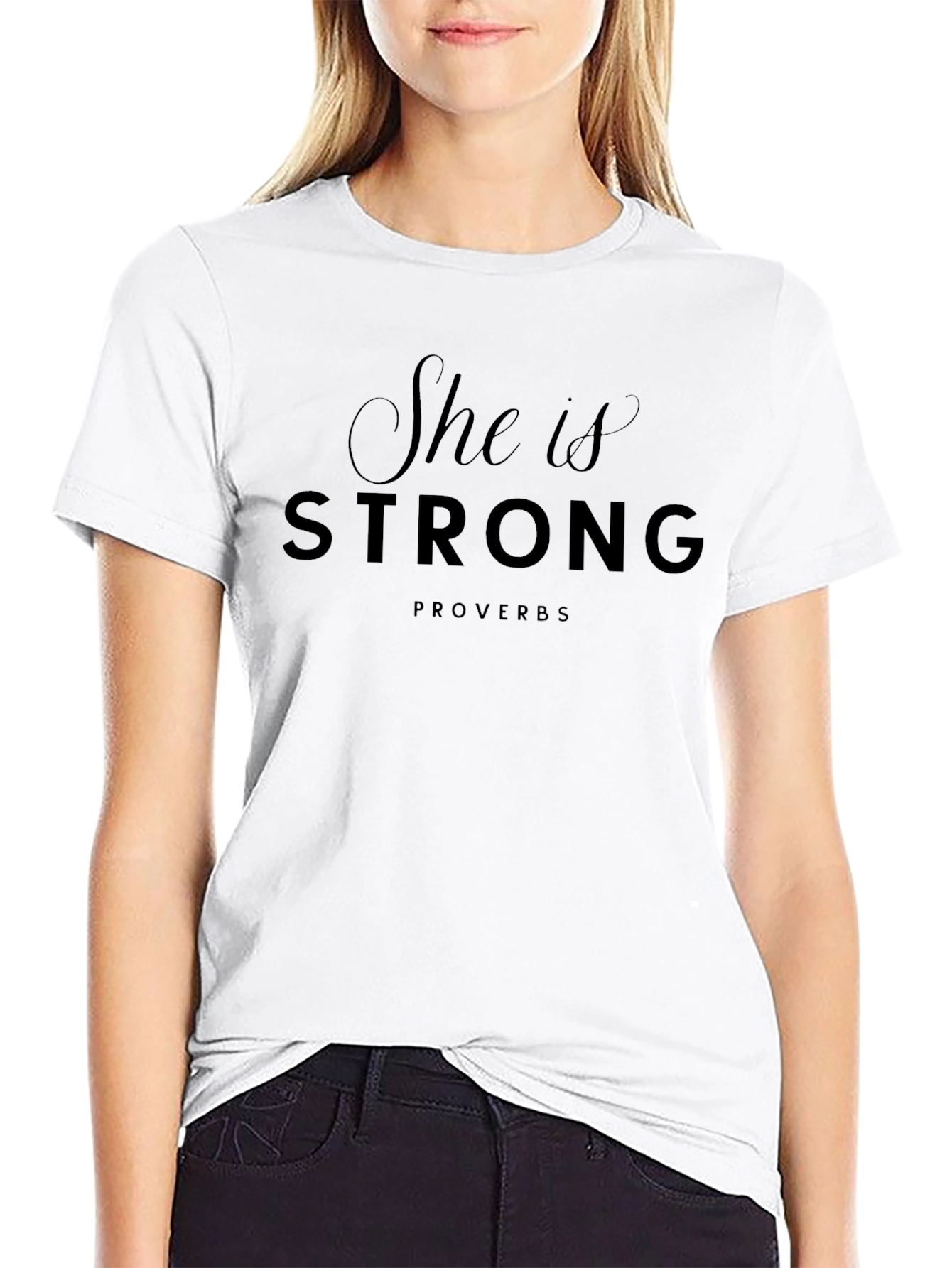 She is Strong Proverbs Black T-Shirt