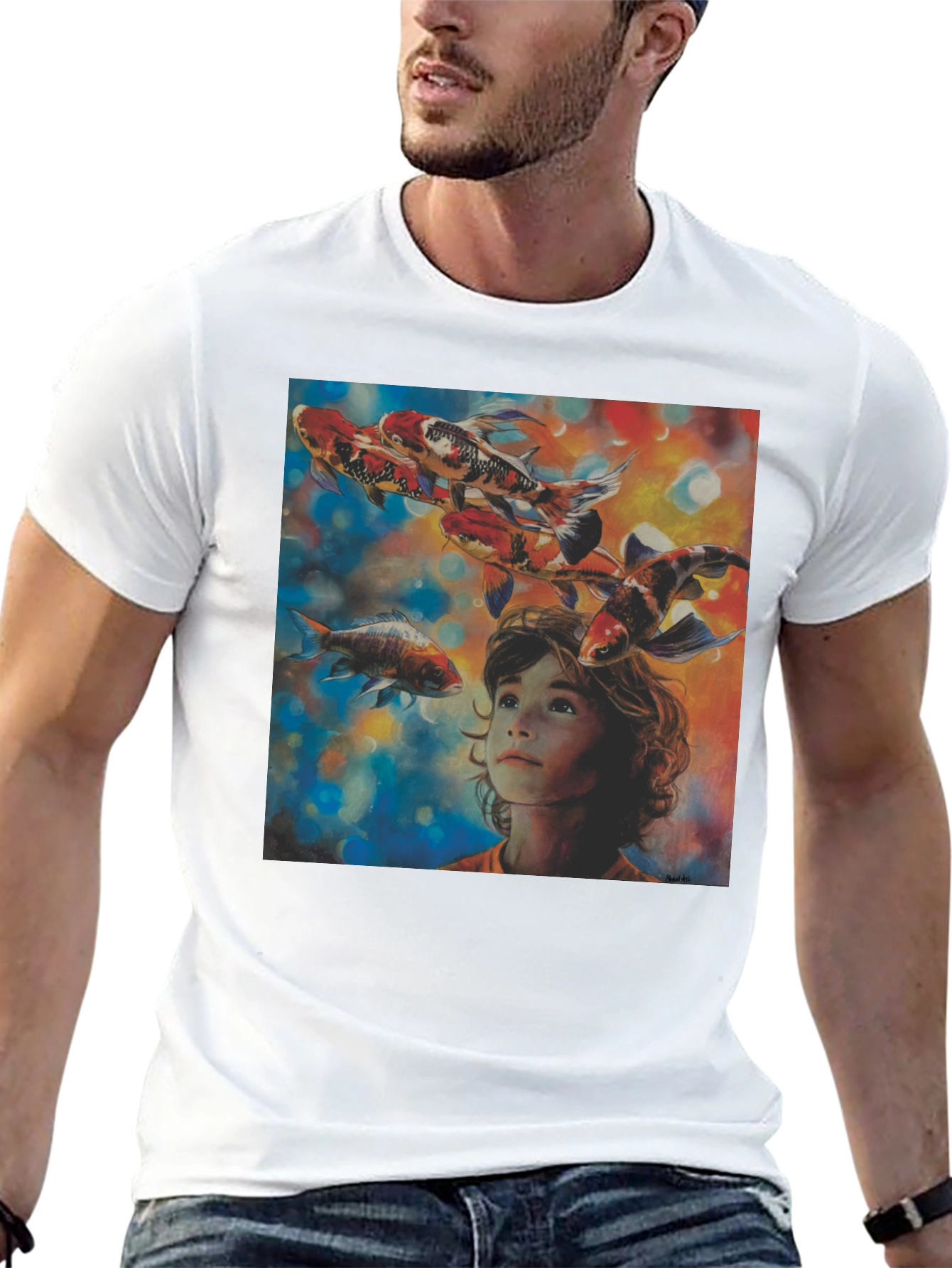Boy and Koi Fish Graphic T-Shirt