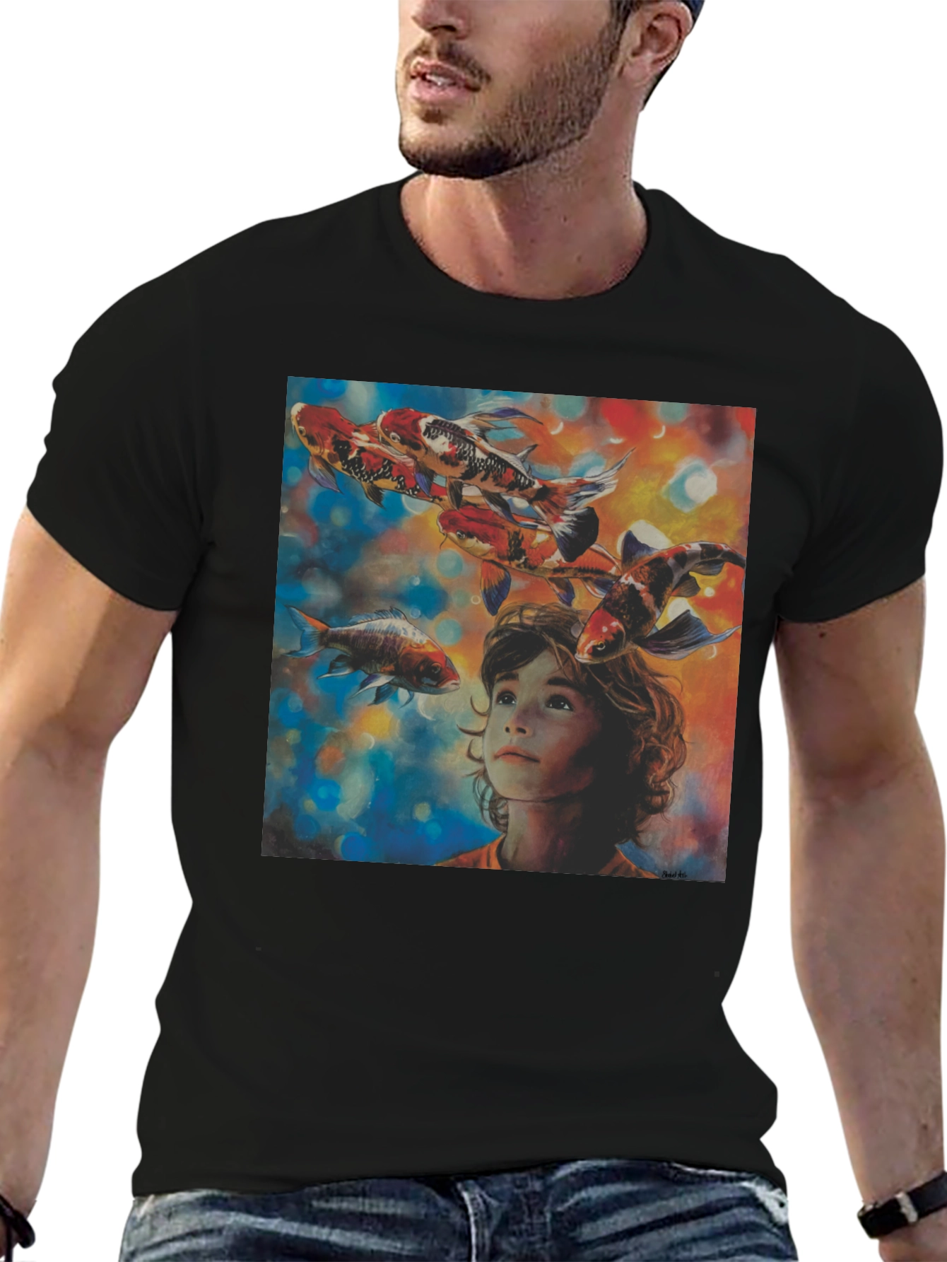 Boy and Koi Fish Graphic T-Shirt