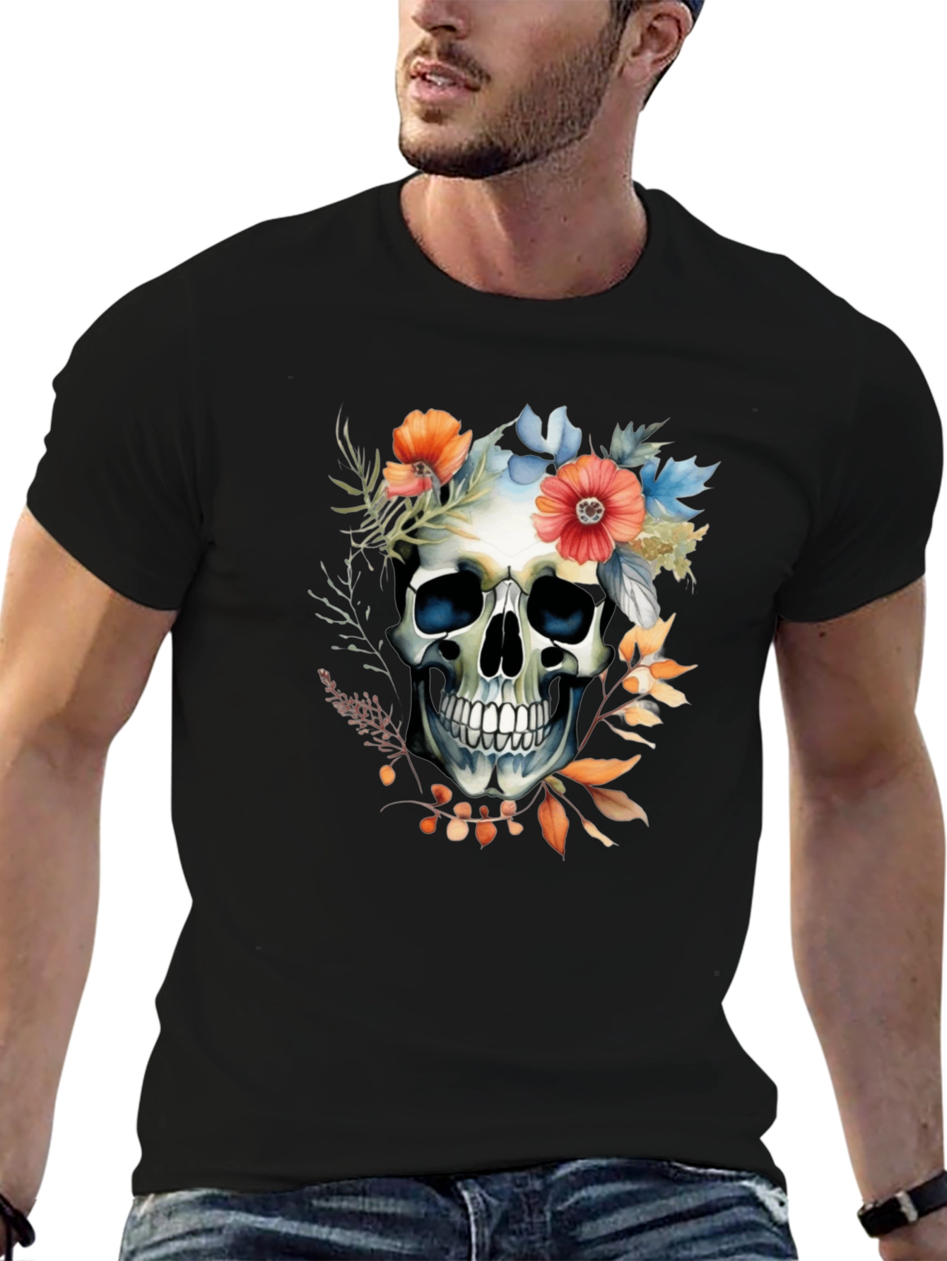 Floral Skull Graphic Tee - Stylish Mens T-Shirt