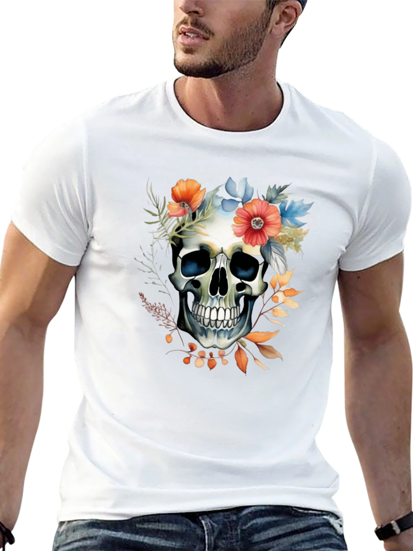 Floral Skull Graphic Tee - Stylish Mens T-Shirt
