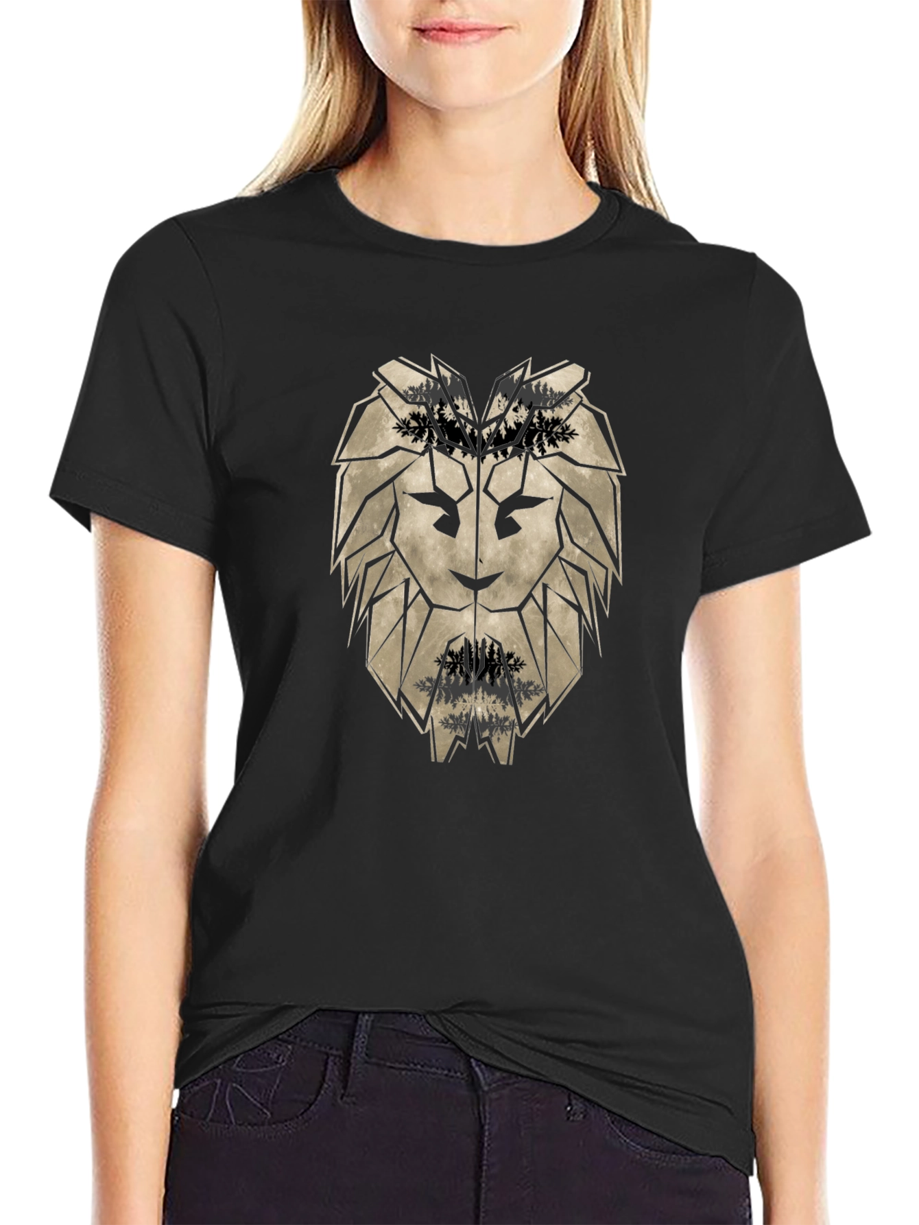 Geometric Lion Head Black T-Shirt