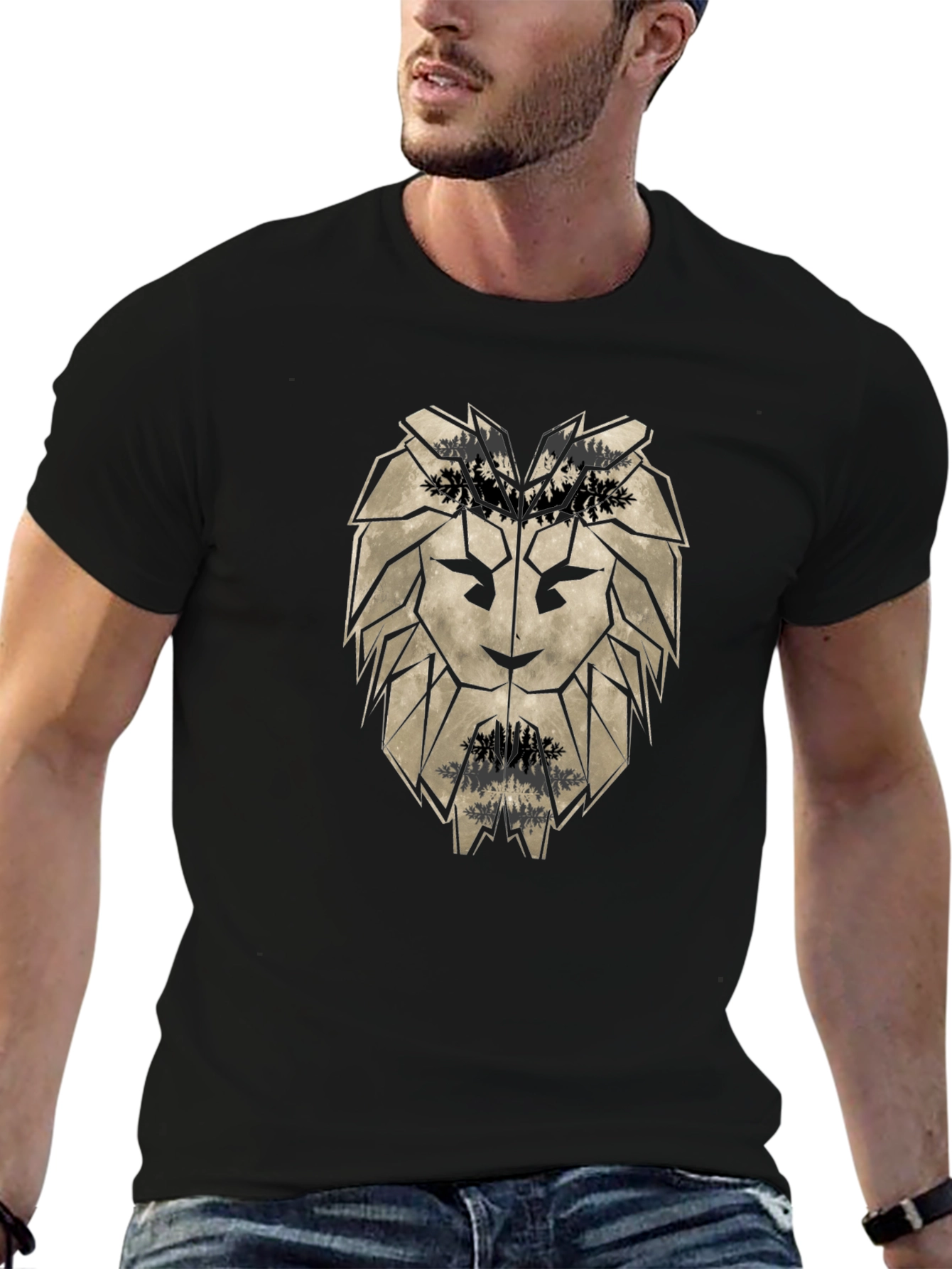 Geometric Lion Head Black T-Shirt