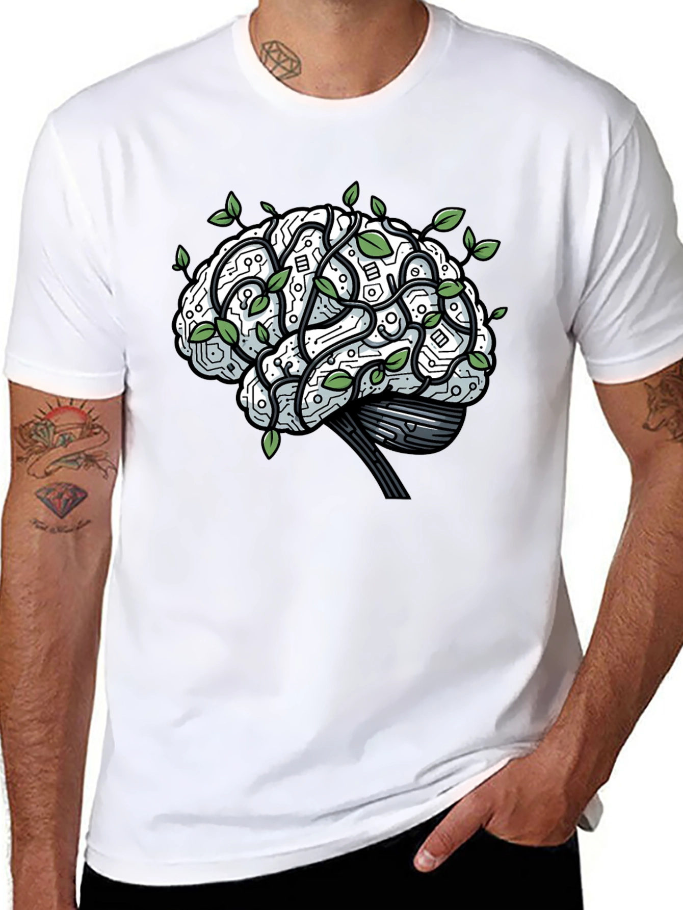 Brain Circuitry & Leaves Graphic T-Shirt