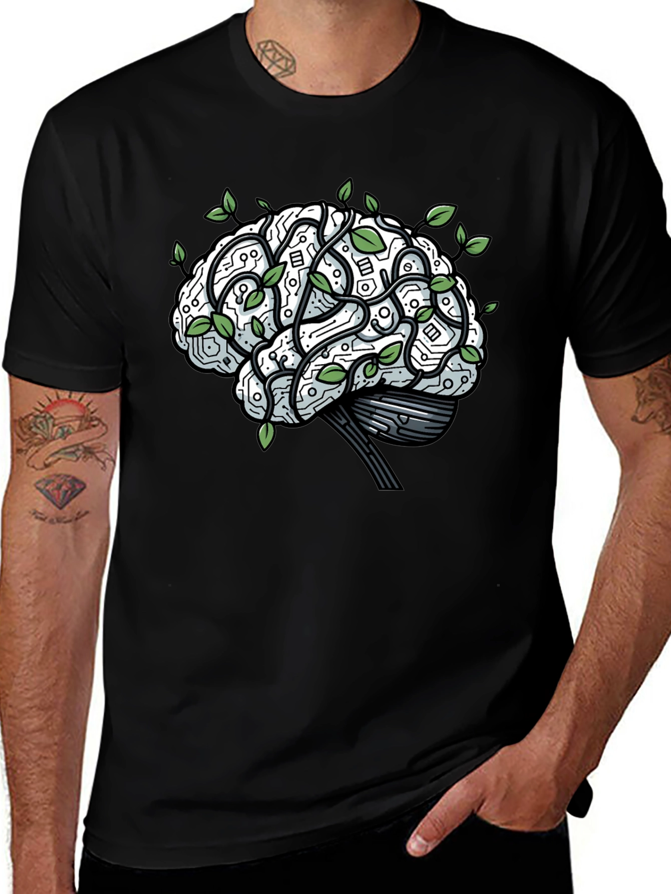 Brain Circuitry & Leaves Graphic T-Shirt