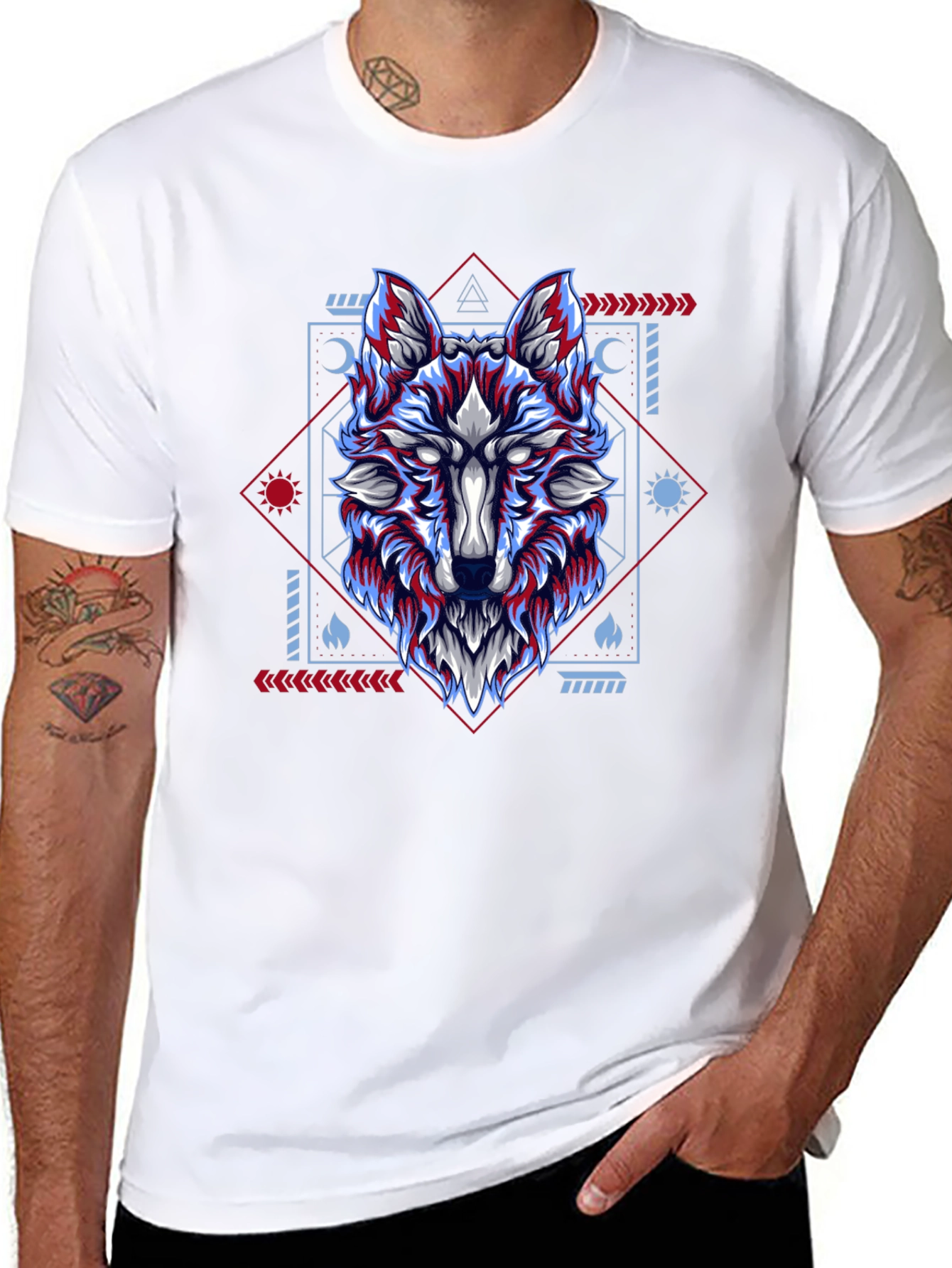 Geometric Wolf Graphic Tee - Black Cotton Blend Shirt