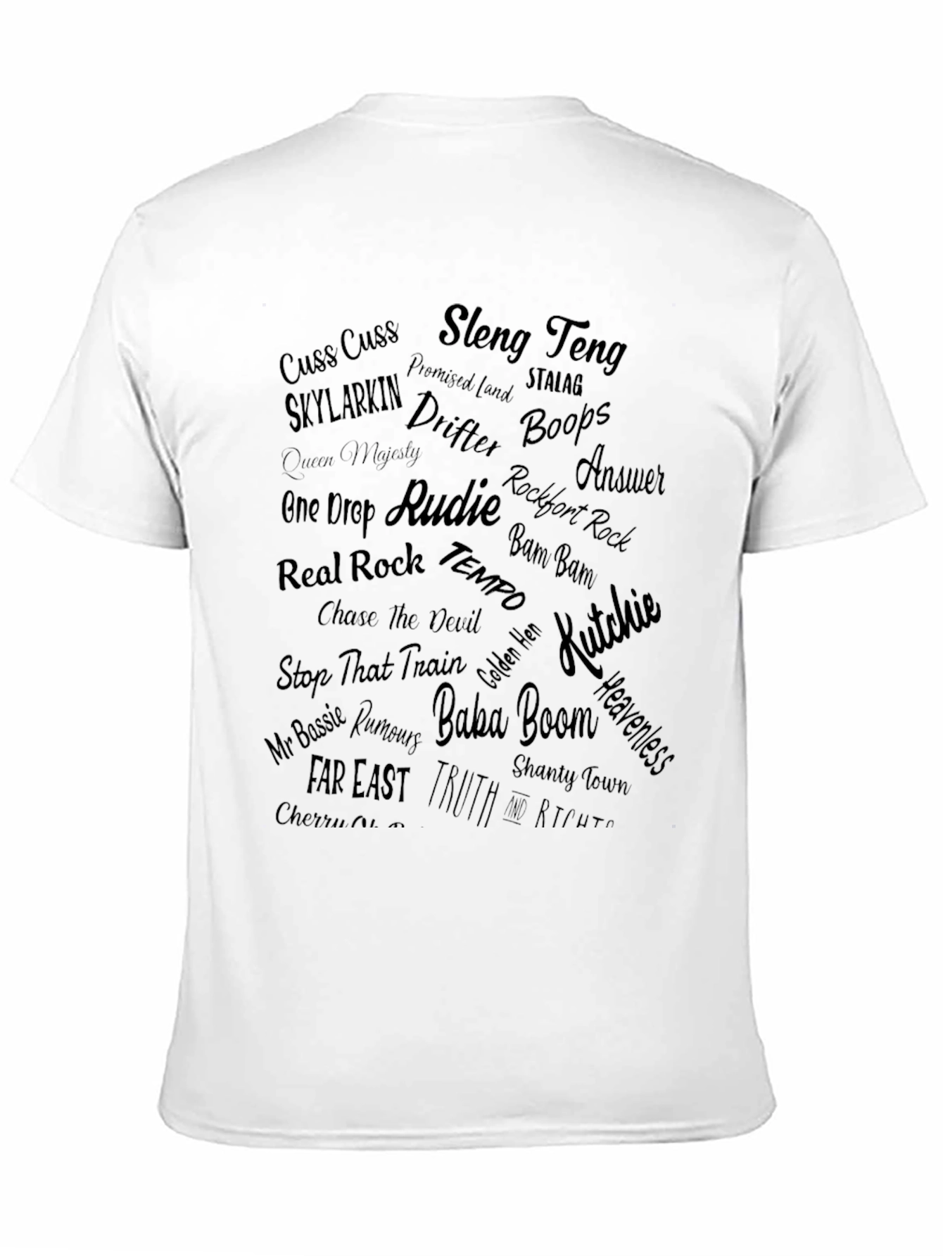 Black T-Shirt with Reggae Word Cloud Design