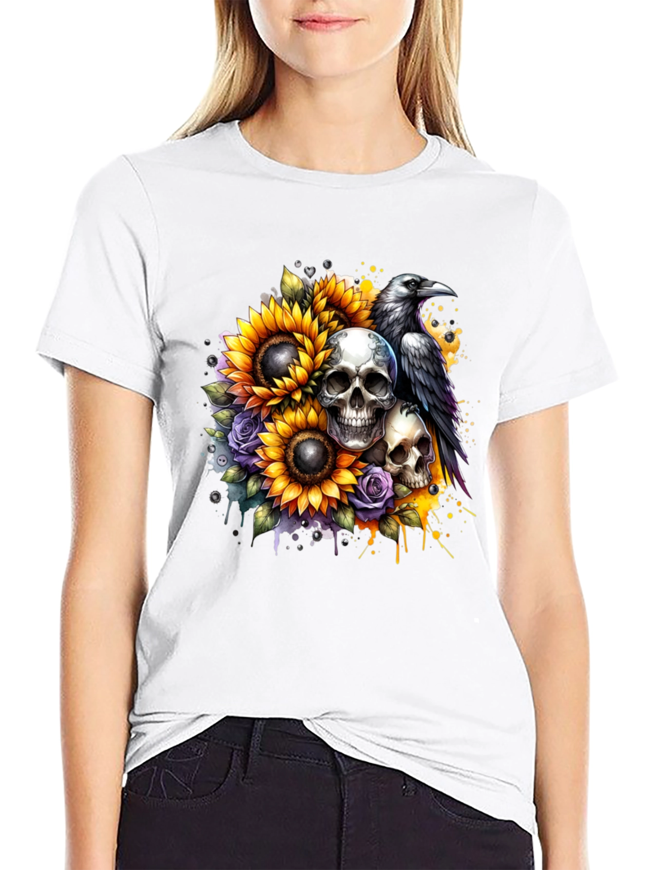 Skull Raven and Sunflower Graphic Tee