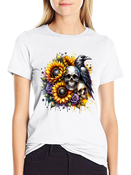 Skull Raven and Sunflower Graphic Tee