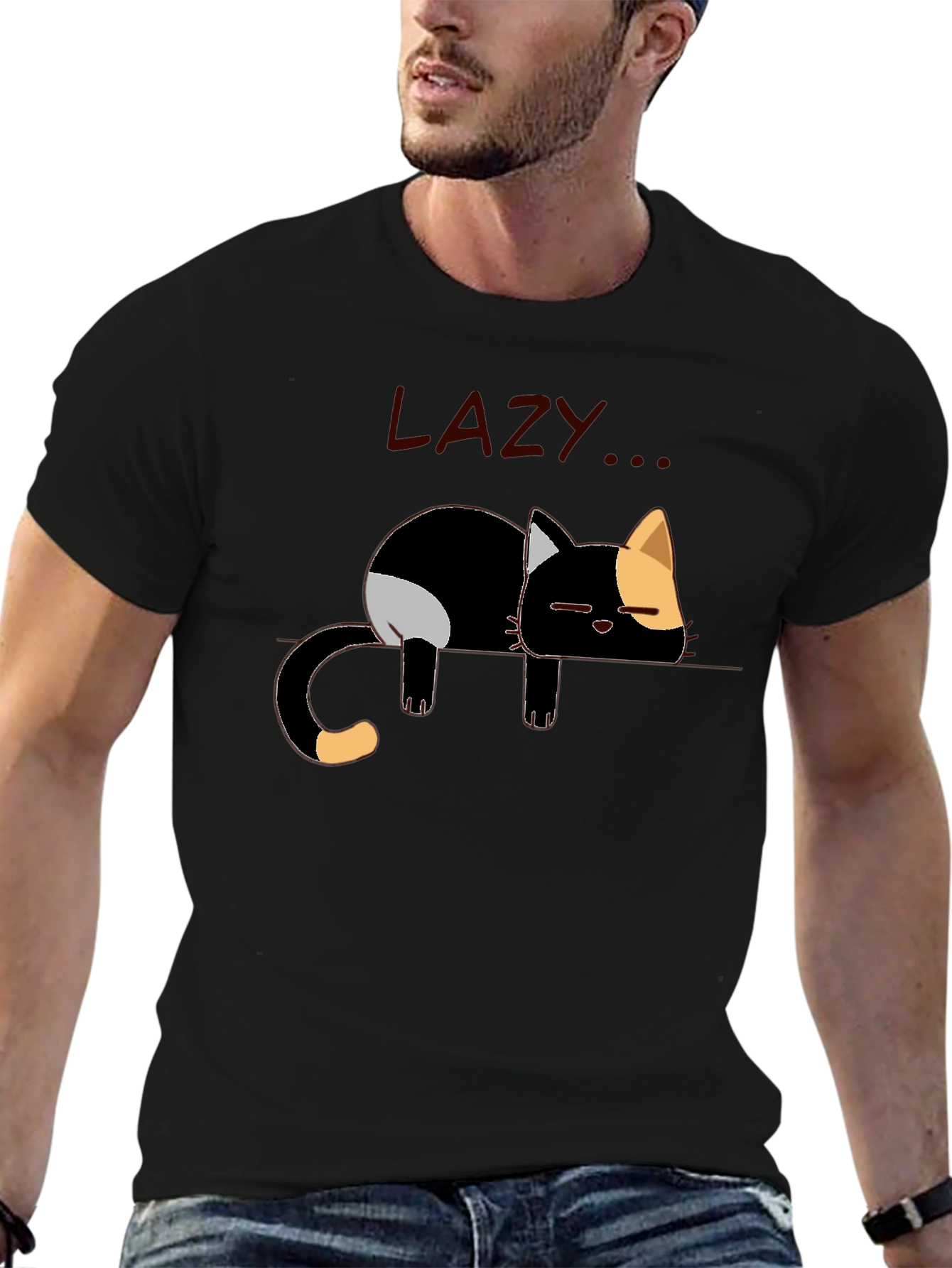 Lazy Cat Graphic Tee - Black Cotton Casual Shirt