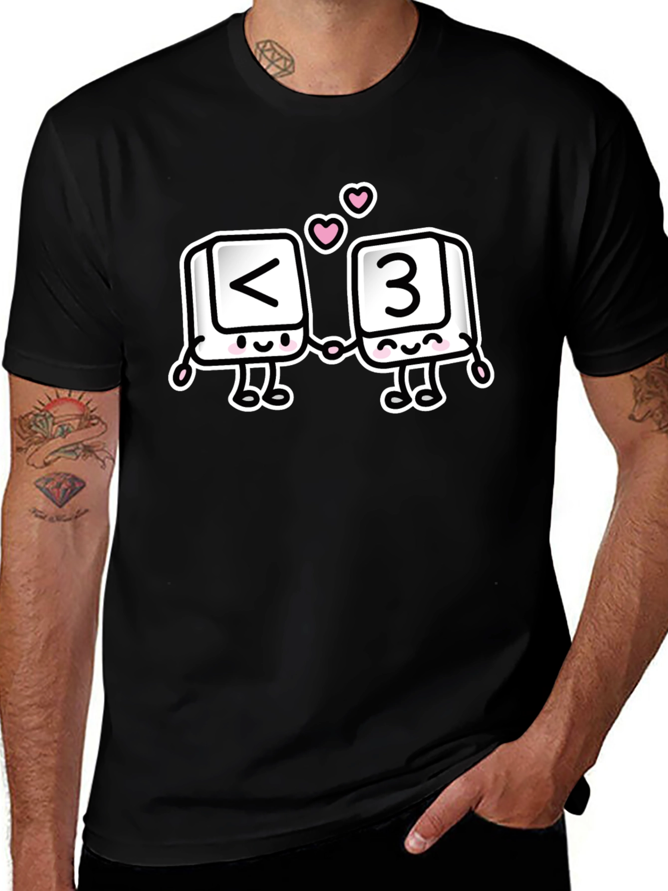 Black T-Shirt with <3 Cartoon Design