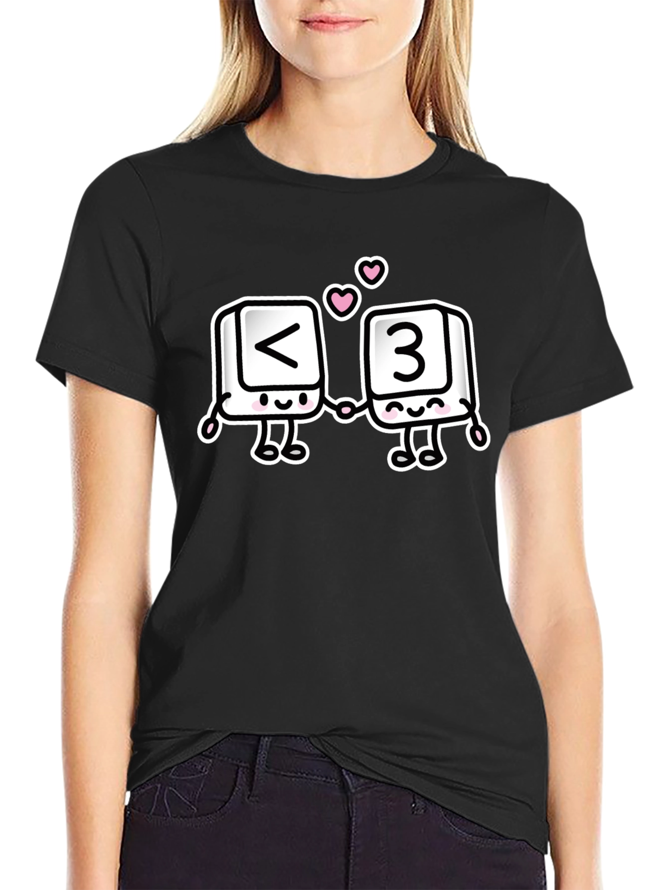 Black T-Shirt with <3 Cartoon Design