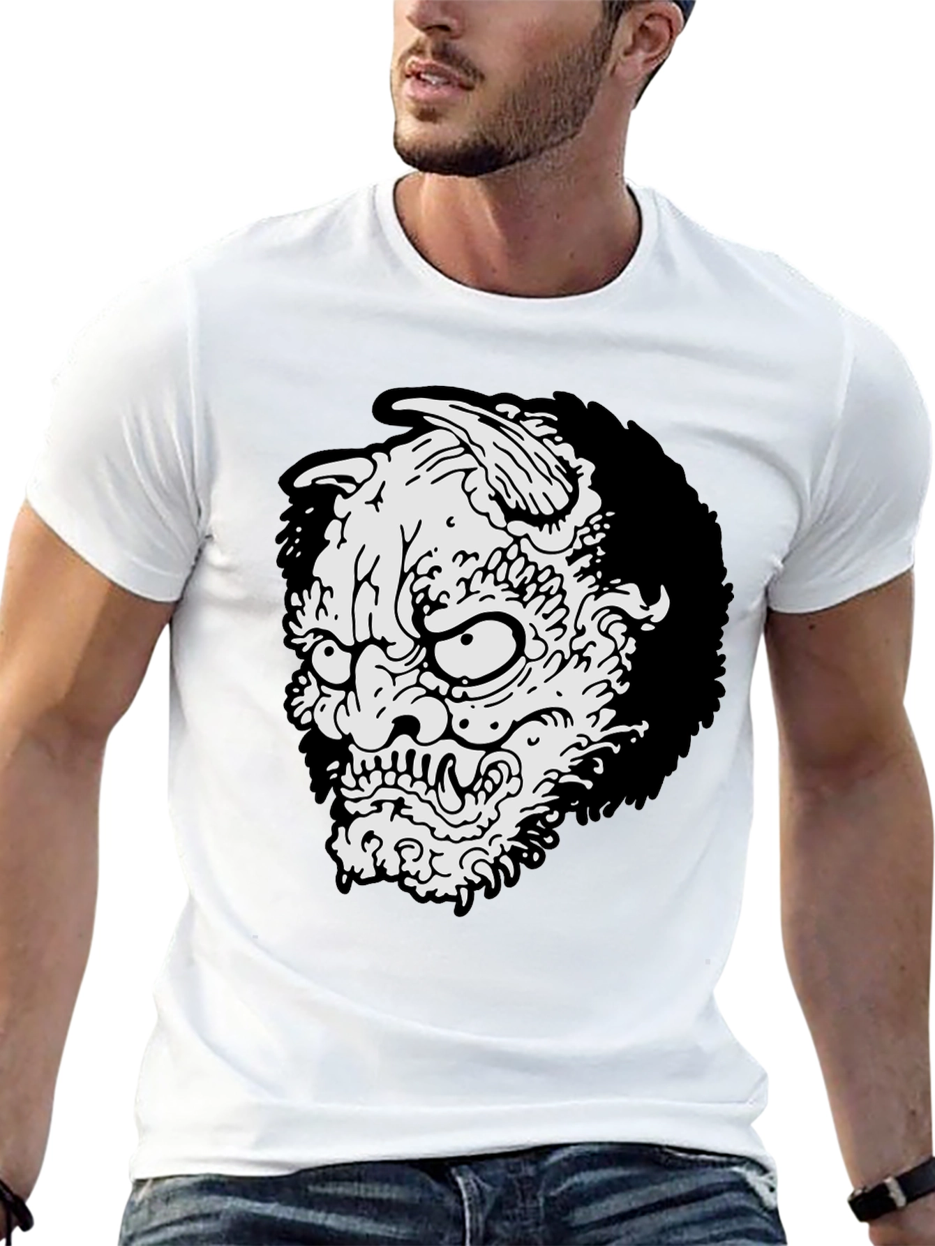 Mens Black T-shirt - Oni Mask Graphic